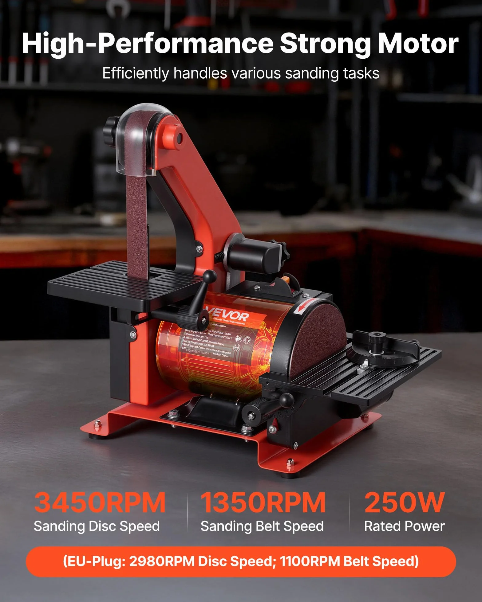 VEVOR Levigatrice a Disco Levigatrice a Nastro 25,4 x 762 mm da 250 W Velocità Singola con Piano di Lavoro Regolabile 0 a 45° Porta di Raccolta Polvere per Lavorazione del Legno, Fai da te