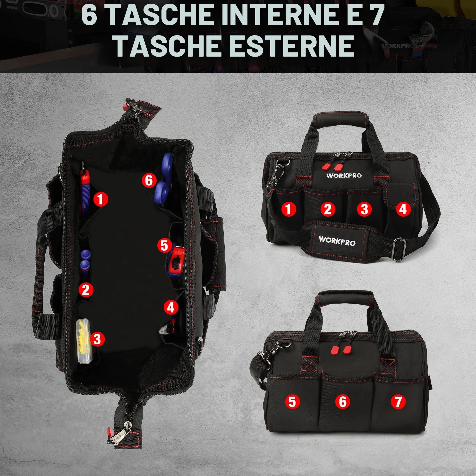 Workpro Borsa porta utensili 14’’ ad apertura larga con base anti-umidità