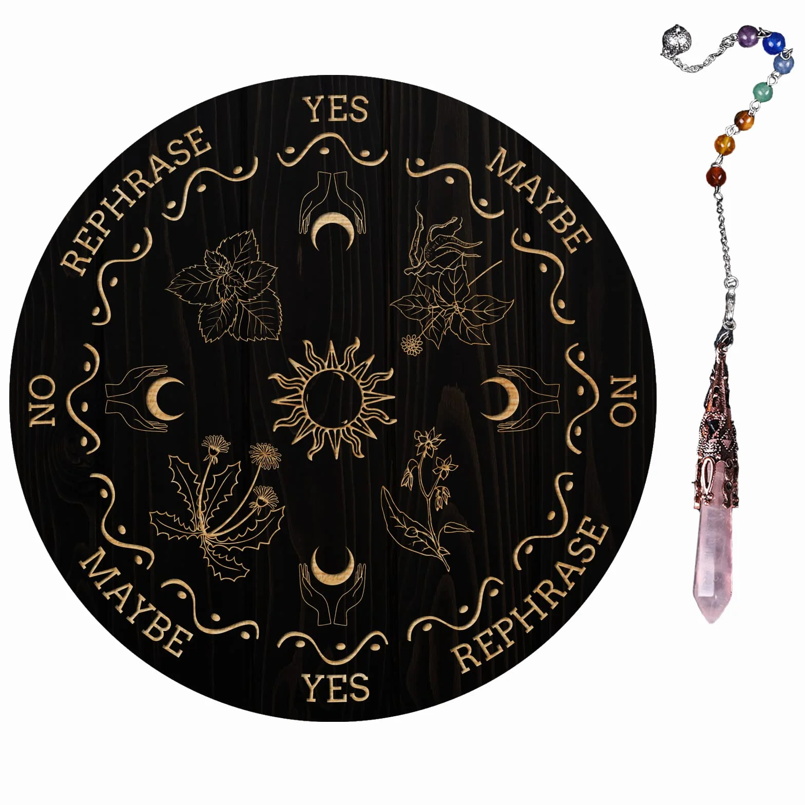 ANAHDMAKER Planchette per Rabdomanzia In Legno 7.8" con Pendoli In Cristallo di Quarzo Rosa Strumenti Divinazione