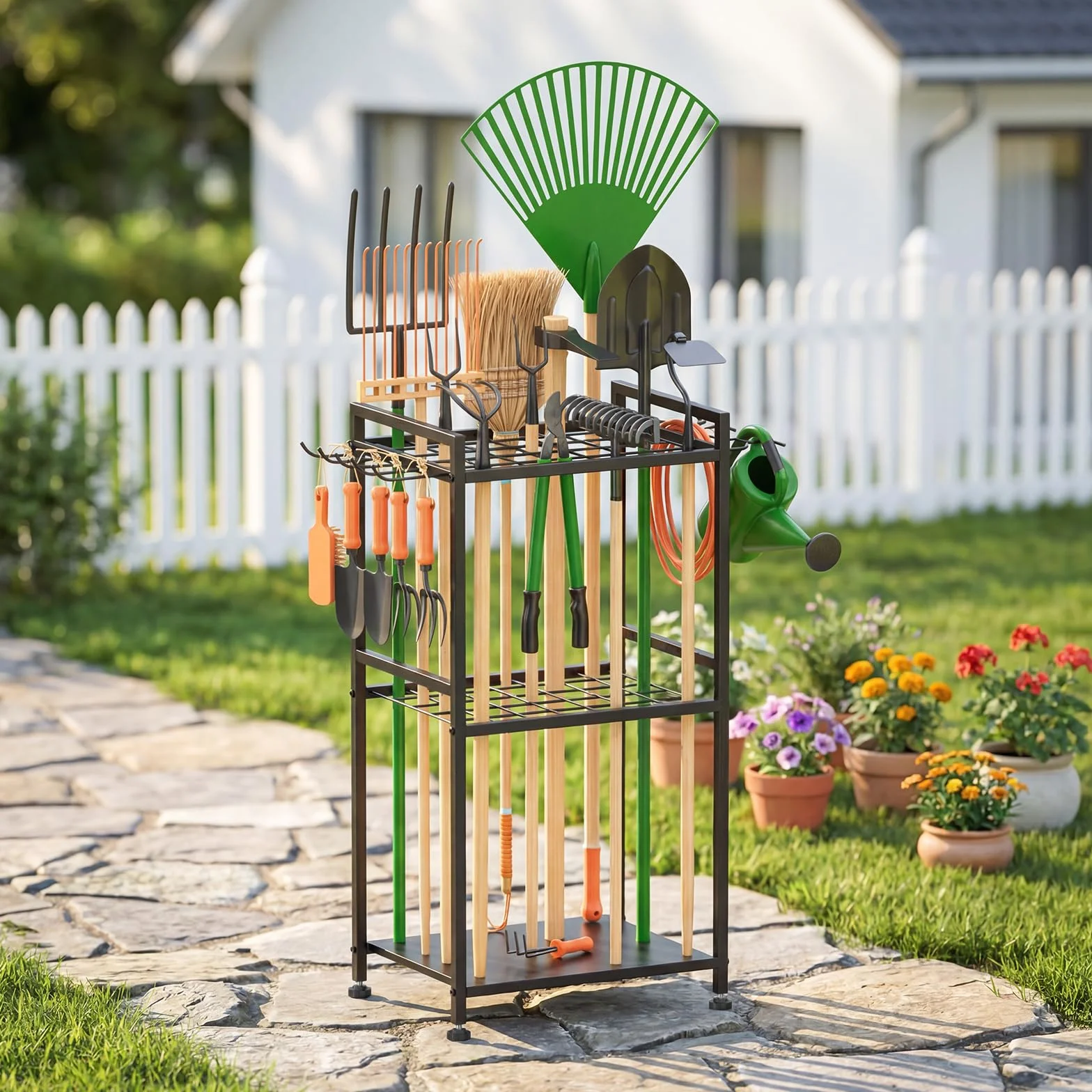 WELDUN Organizer da giardino per garage, supporto per 40 attrezzi a manico lungo, gestione del garage con ganci per capannone, scopa, rastrello, pala, tubo da giardino