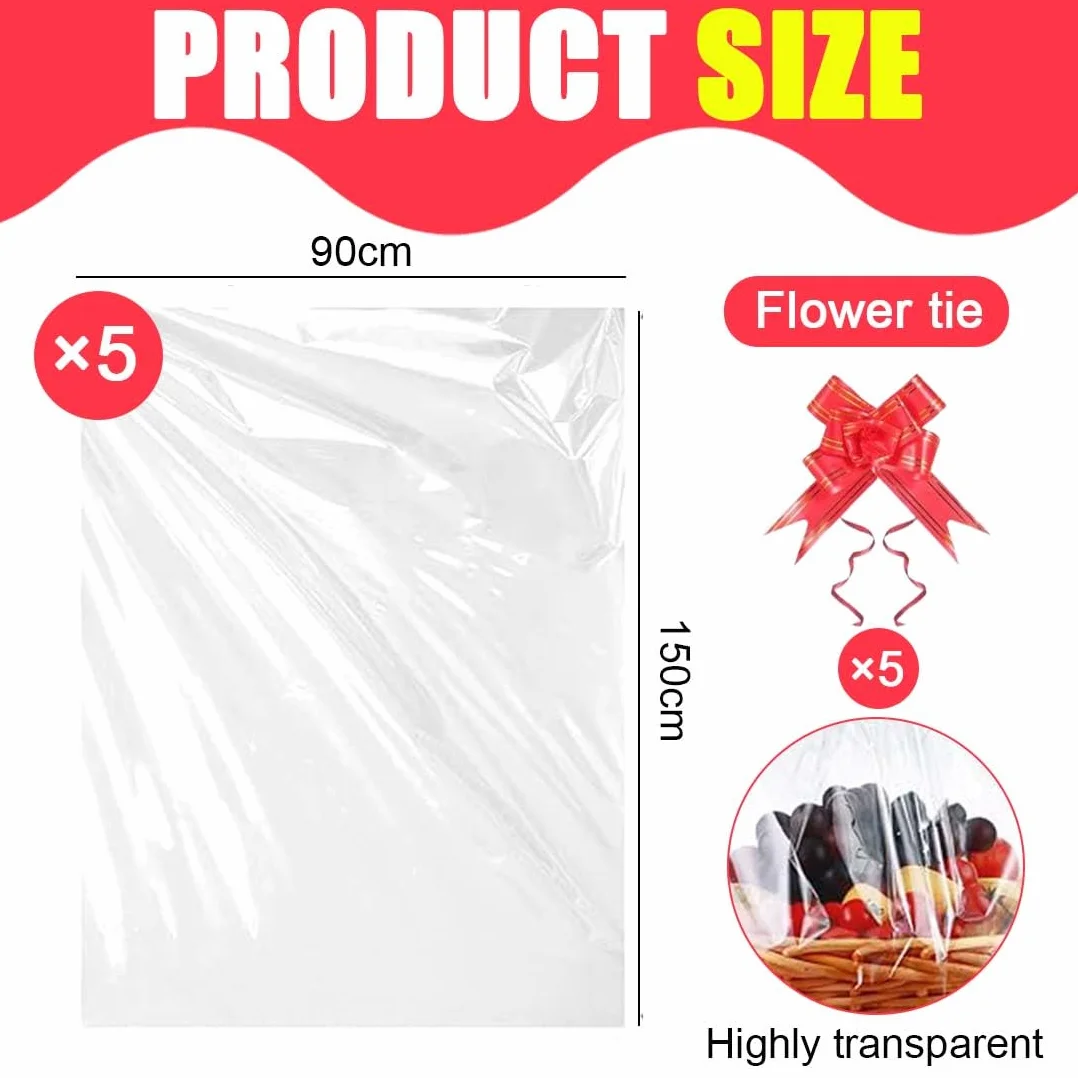 Fogli Cellophane Trasparente Per Confezioni (Grande, 150 X 90Cm), Con 5 Fiocchi Per Regali, Carta Cesti Trasparente, Per Confezioni Regalo, Feste, Eventi (Grande)