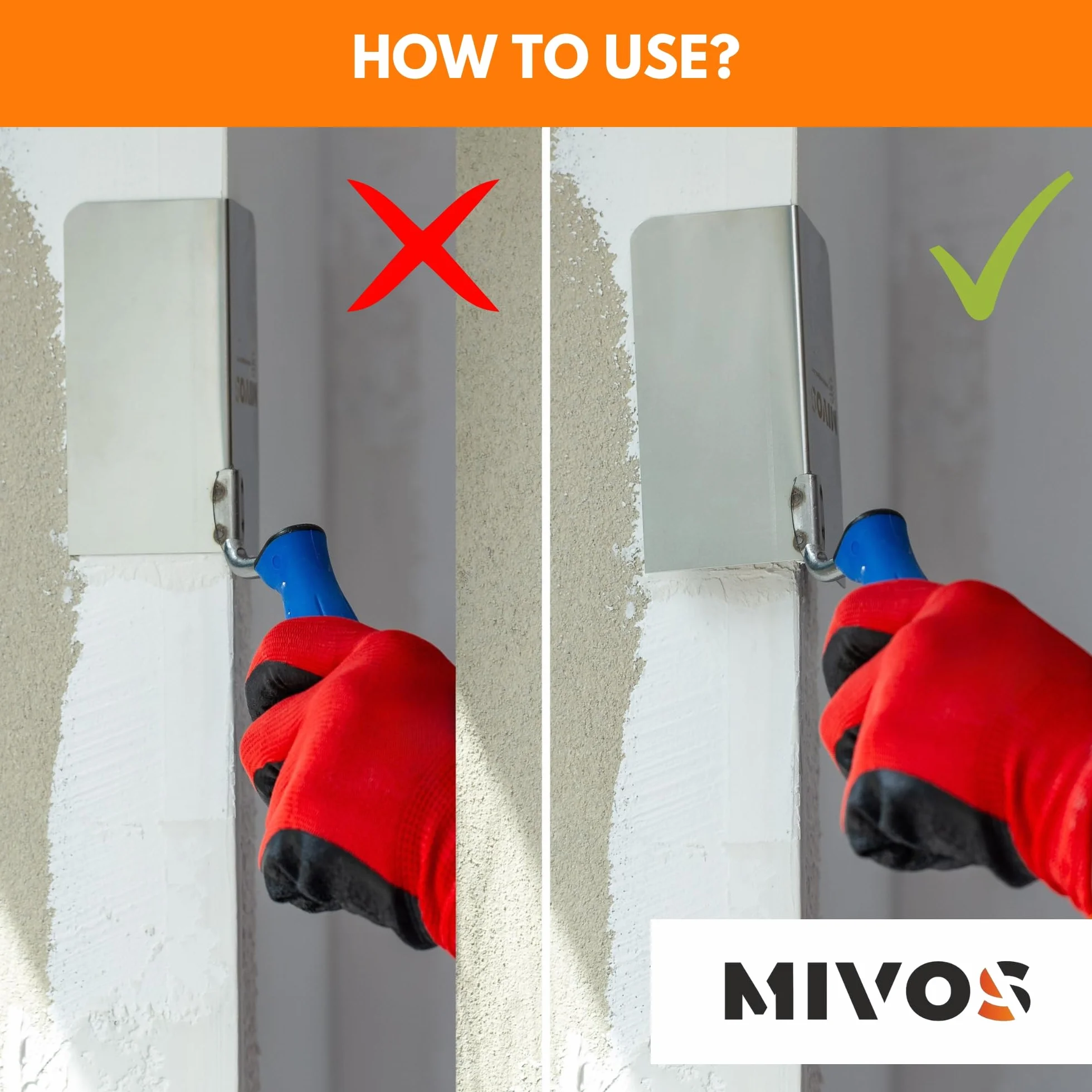 Mivos 2x Cazzuole Angolari Antiruggine 120 x 60 mm - Cazzuola Angolare Interna ed Esterna in Acciaio Inox - Cazzuola per Bordi Interni ed Esterni con Impugnatura Morbida - Spatola Angolare per Stucco
