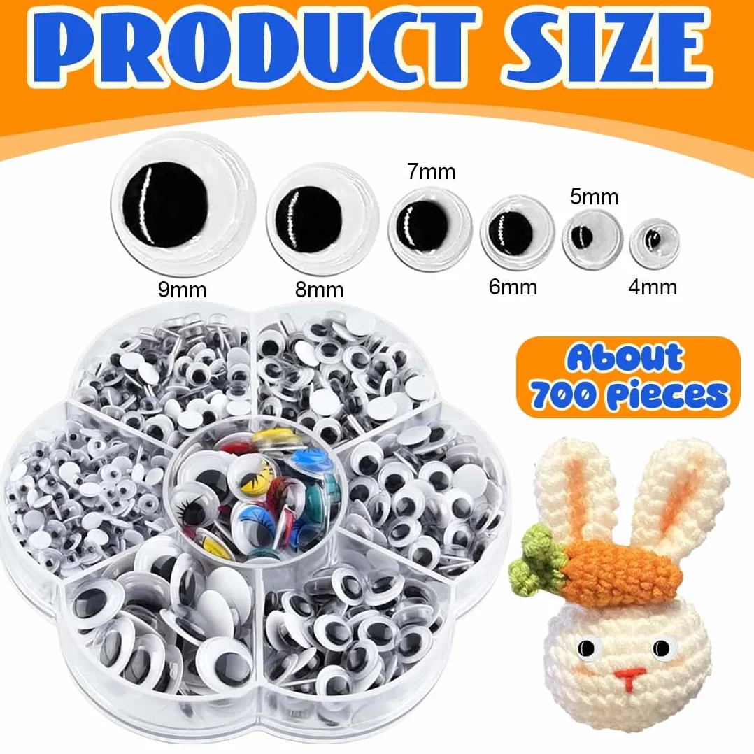 UIEXAY700 Pezzi Occhietti Adesivi per Lavoretti Autoadesivi Occhi Mobili Adesivi 4mm-12mm Include 30 Occhi Colorati Impiegabile per Bambini Artigianato Lavoro Manuale (Nero Bianco Colorato)