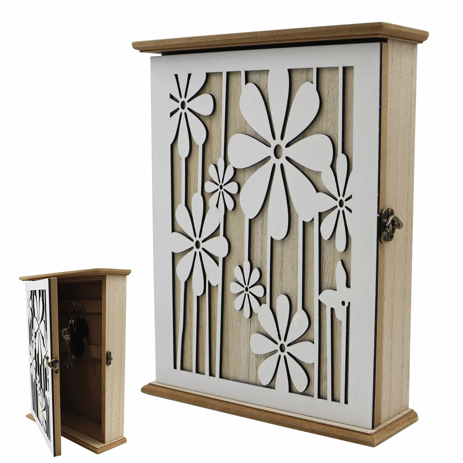 Cassetta Portachiàvi Da Parète in Legno,Elegant Daisy Portachiavi Da Parete,Cassettiera per Chiavi da Parete con 6 ganciper chiàvi per Corridoio D'ingresso Camera Da Letto (28.5x22x7cm)
