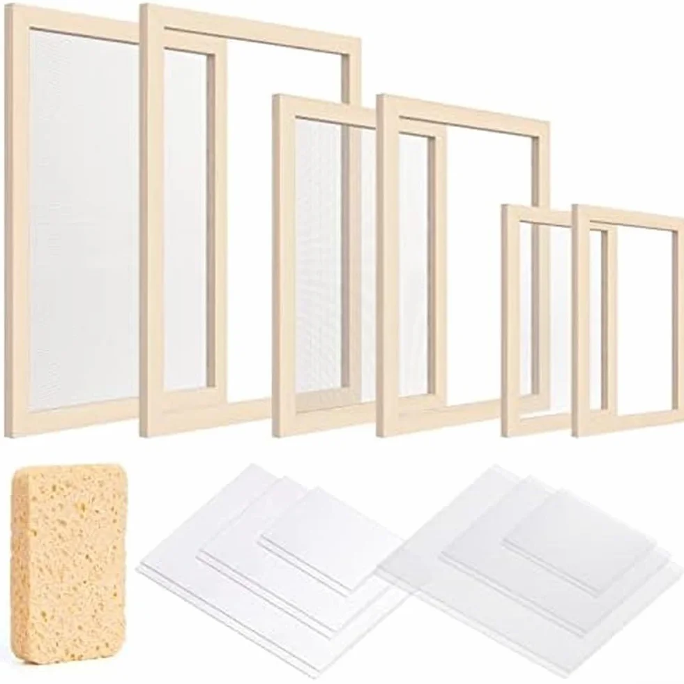 Kit per la creazione di carta fai da te con cornici in legno di 3 dimensioni per A4, A5 e A6, set di carta fatta a mano con spugna assorbente e schermo, forniture per libri per principianti