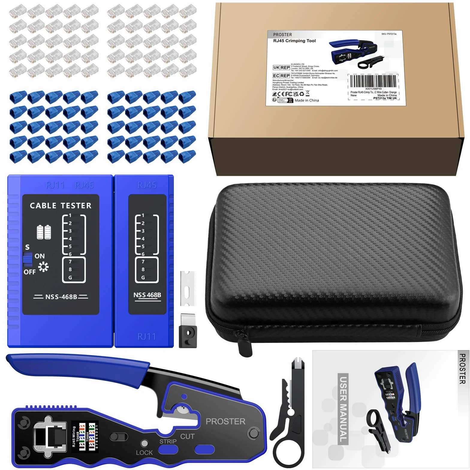 Proster Pinza Crimpatrice RJ45 Pass Through Multifunzione Spelafili per Cavo Rete Cat5 Cat5e Cat6 Cat6a Kit Strumento Crimpatura con 50pz Connettori Cat6 e Coperture di Protezione Tester Custodia