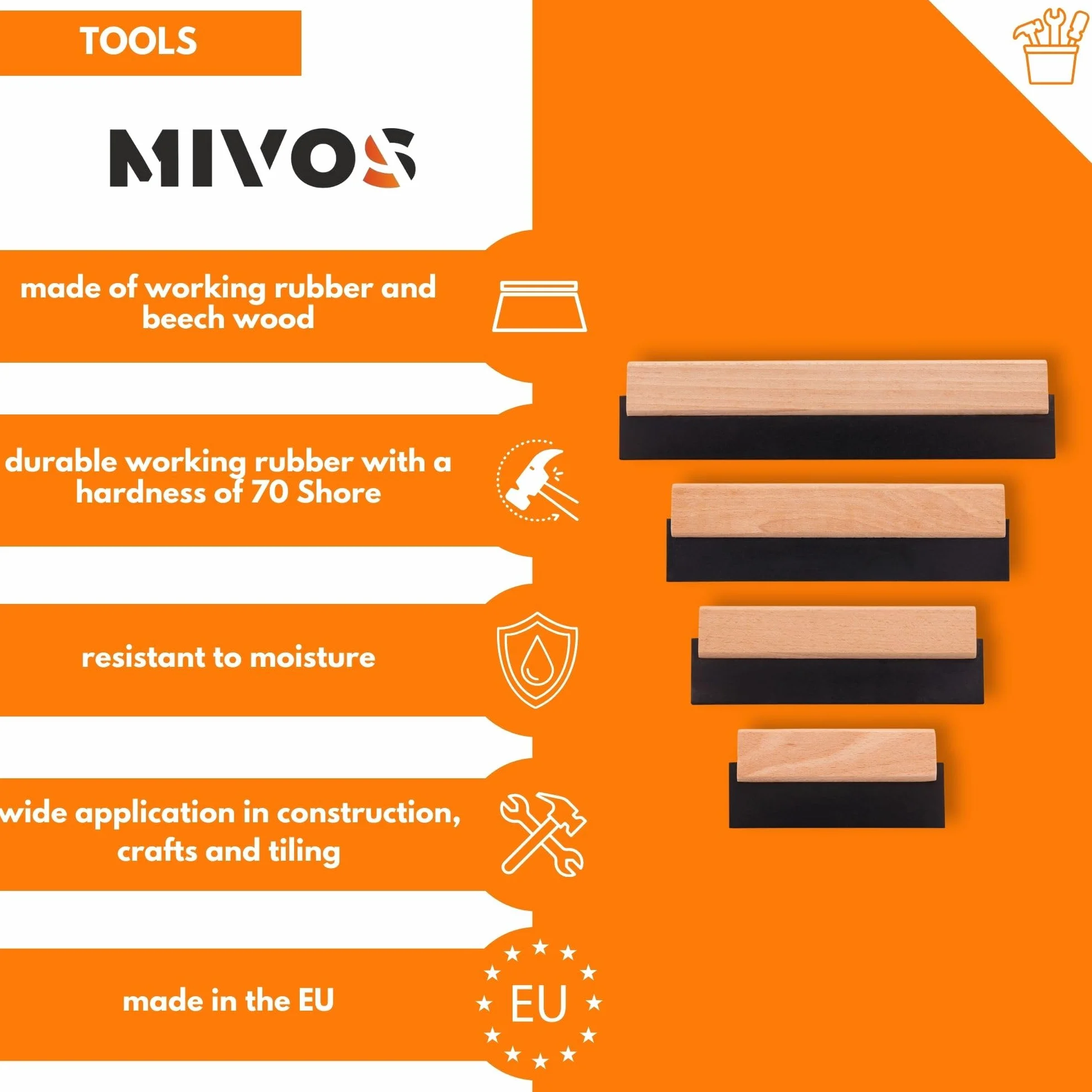 MIVOS Spatola in gomma - Set di spatole per piastrelle - 150 mm - 200 mm - 250 mm - 300 mm - Manico in legno per stuccare - Gomma per stuccare - Stuccatura - Made in EU