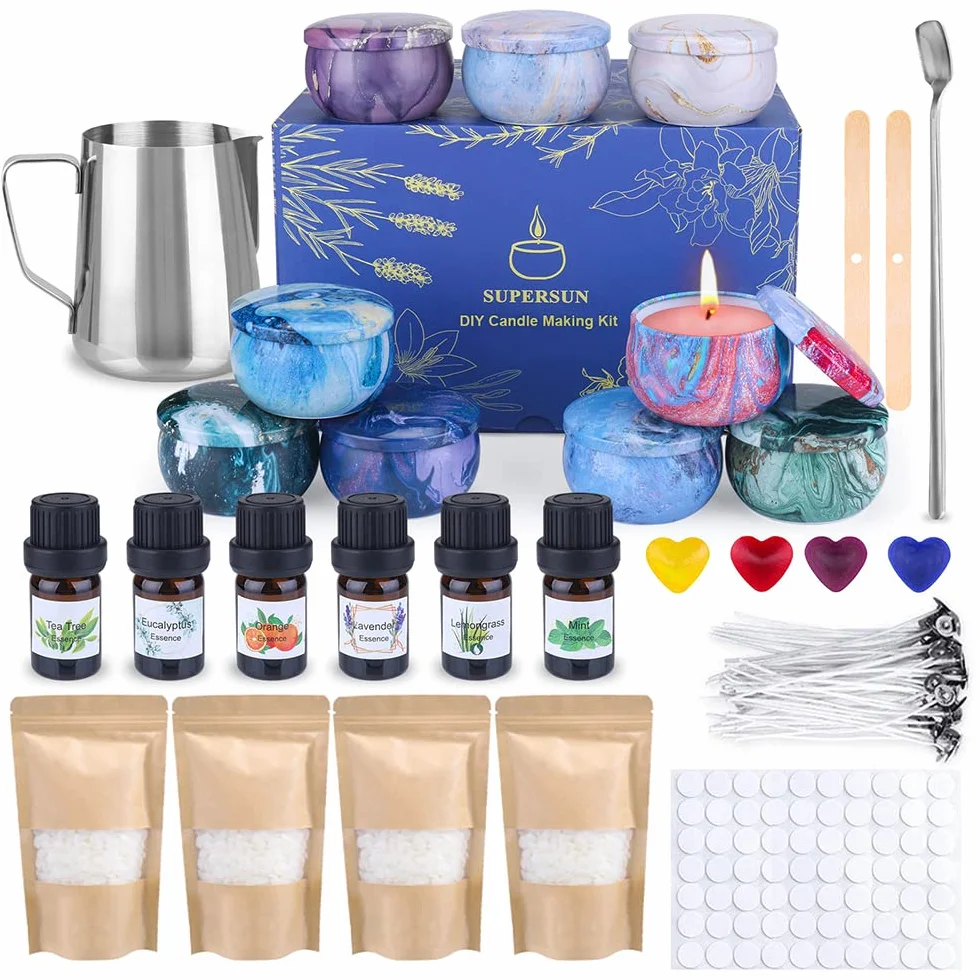 SUPERSUN Kit per Fabbricazione Candele DIY, 480g Cera d’api Naturale, 100 Stoppini Cerato con Sostenitori, 9 Candele Fai-da-Te Barattoli Latta Creazione Candele Profumate