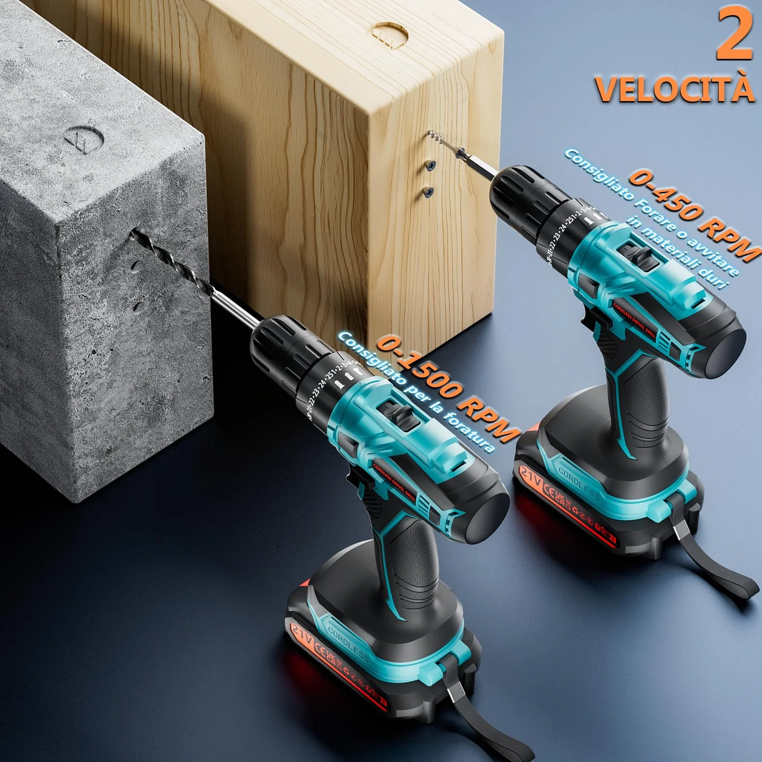 Trapano Avvitatore Batteria 21V, con 2×2000mAh Batterie, coppia 45 Nm max, 25 + 3 livelli di coppia (2 marce e LED) per casa e giardino fai da te (Blu)