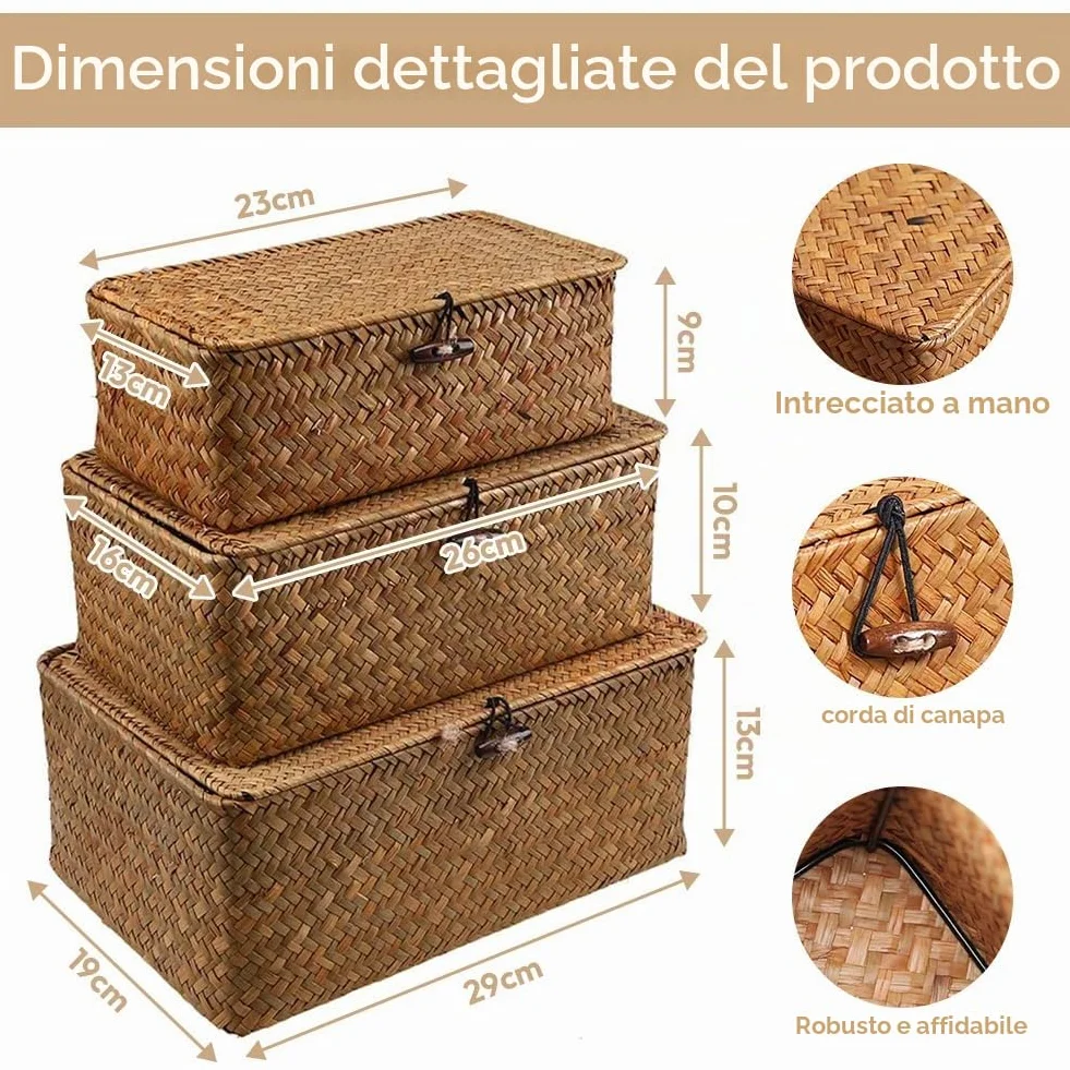 Cesto in rattan con coperchio, 3 pezzi Cesto portaoggetti in giunco marino naturale, Cesto portaoggetti multifunzionale, Cesto per scaffale intrecciato (B)