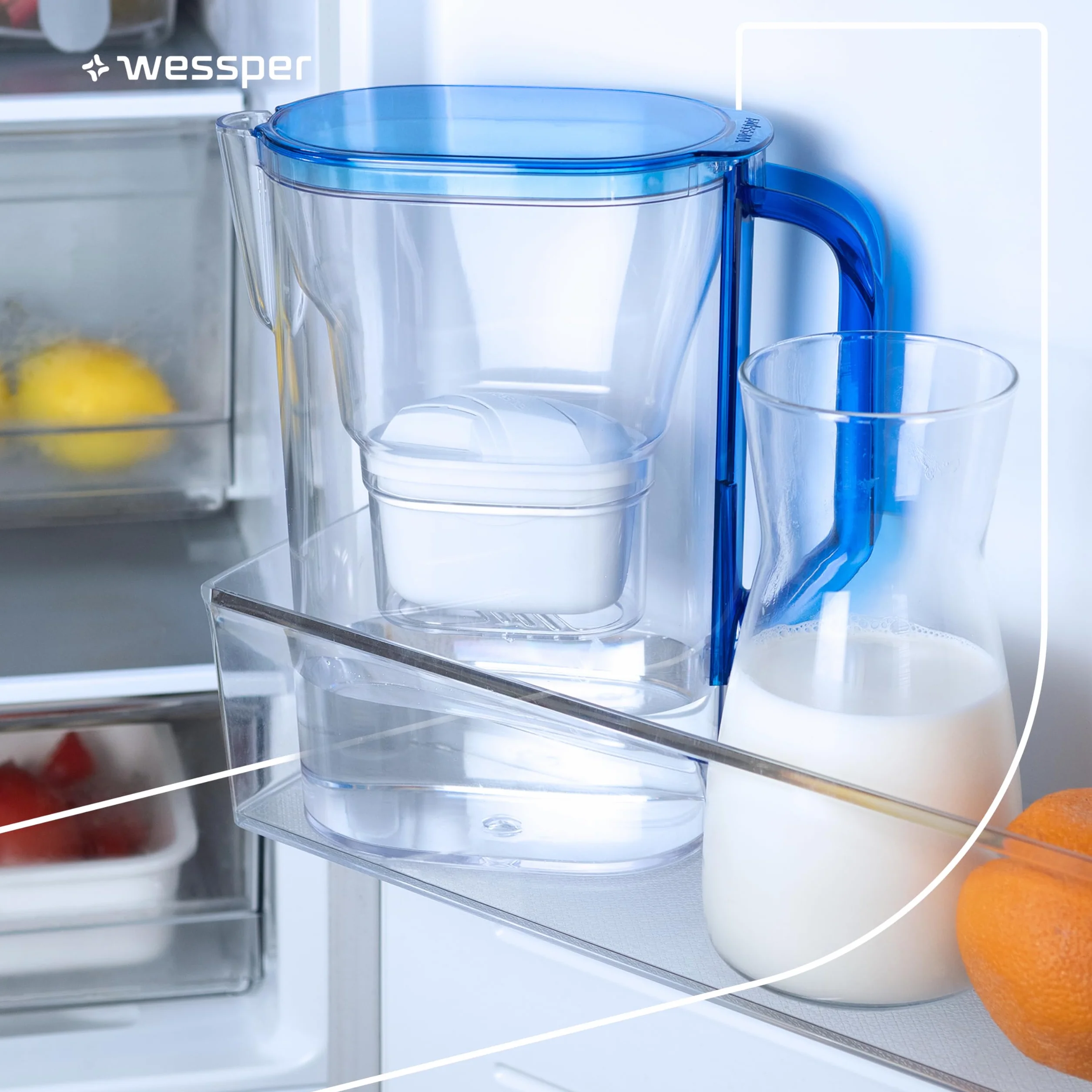Wessper Caraffa Filtrante 2,7L con Filtri Carbone Attivo e Resina a Scambio Ionico, Set 6 Filtri - Blu