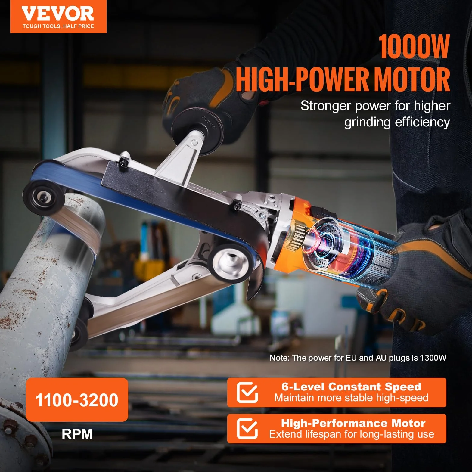 VEVOR Levigatrice per tubi 1300 W, levigatrice a nastro per tubi con 6 velocità, 1100-3200 giri/min, levigatrice a nastro professionale 100 pezzi, con cinghie di levigatura per lucidatura e rimozione