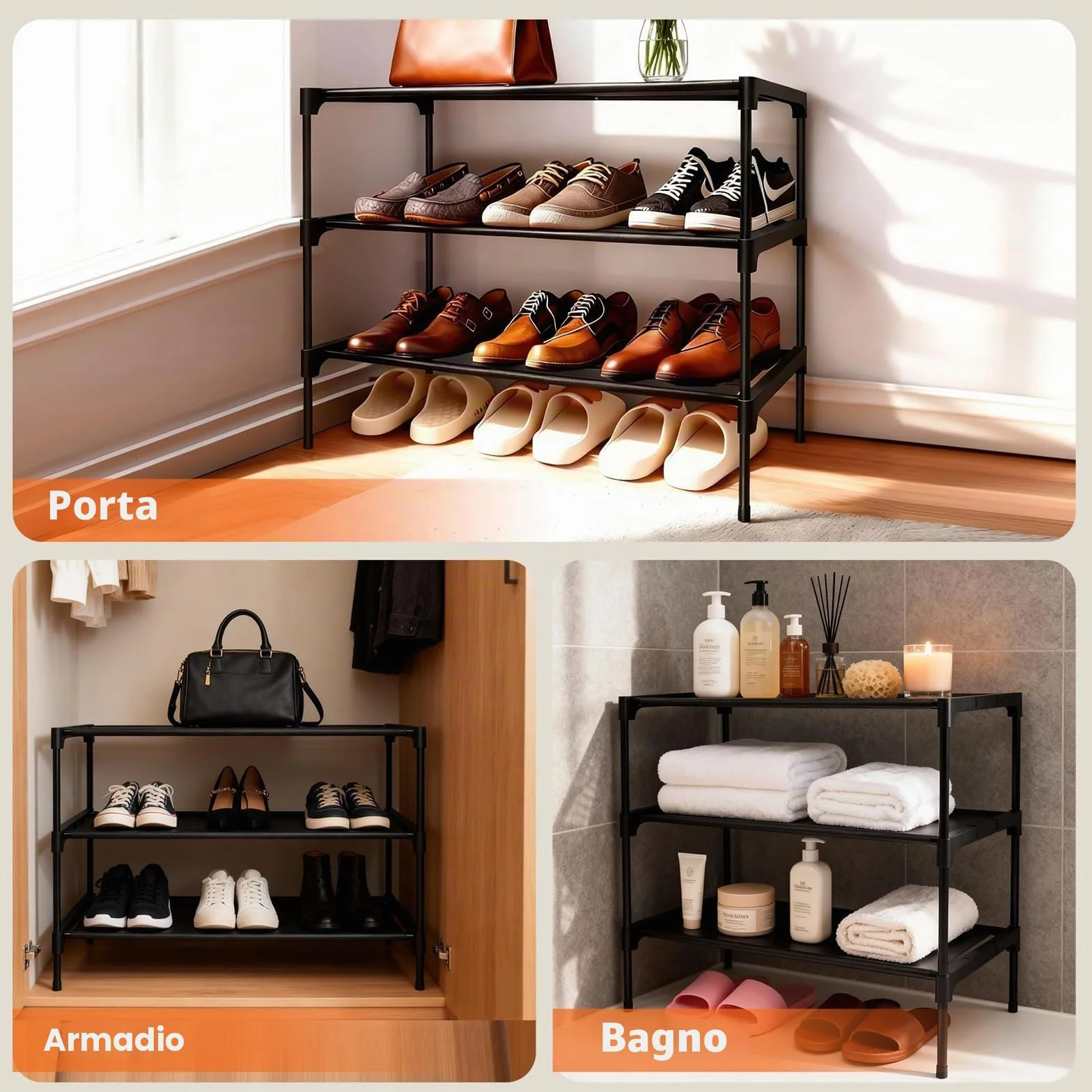 Scarpiera 3 Ripiani Impilabile Portascarpe Organizzatore Metallo 9 Paia 60x30x36 cm Nero