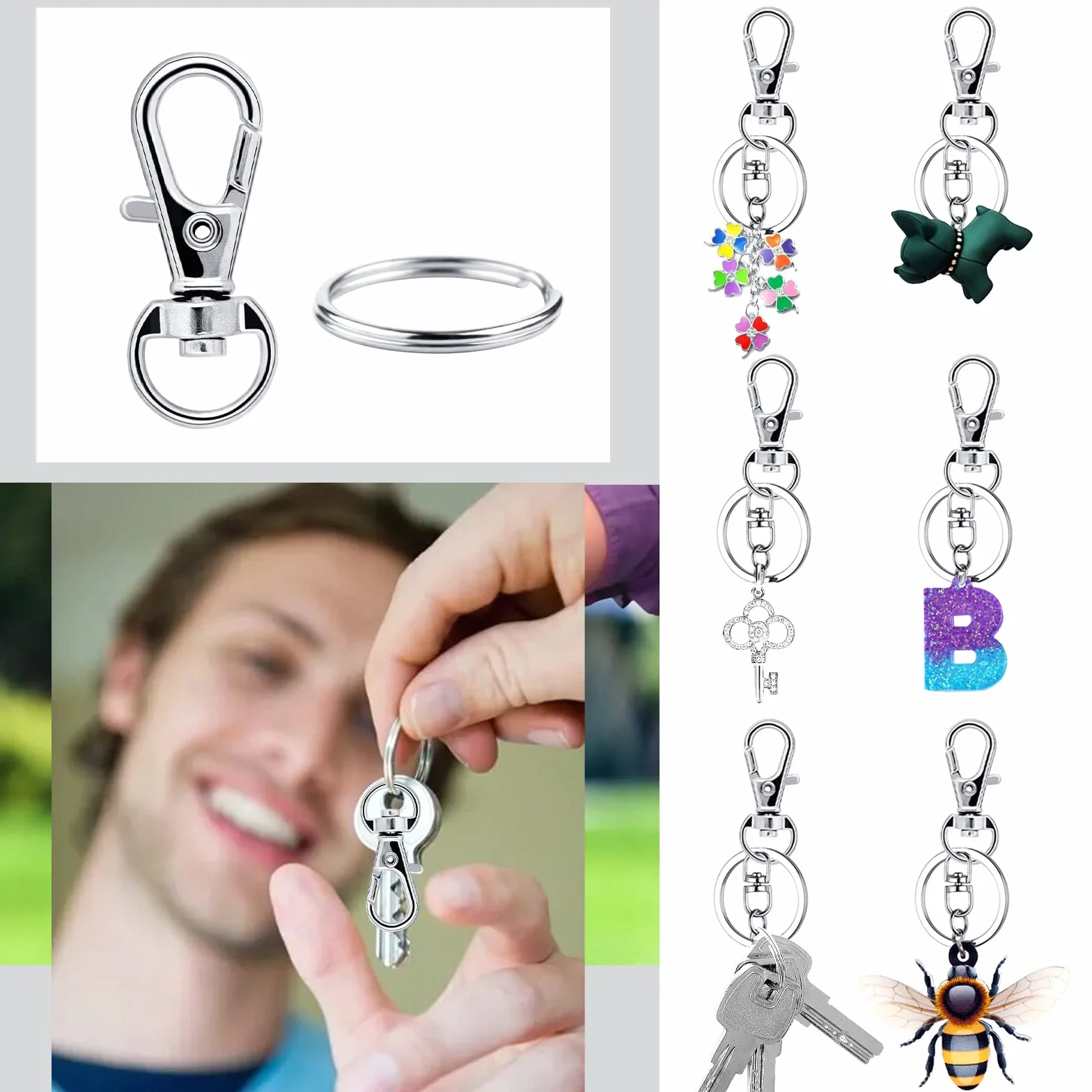 Moschettone Portachiavi Metallo 80 Pezzi Moschettoni Piccoli Multiuso Ganci Portachiavi Argento
