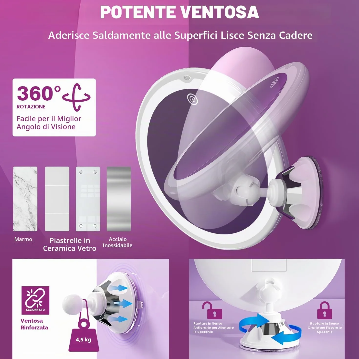 Auxmir Specchio Ingranditore 20X con Luci 3 Colori Luminosità Regolabile Specchio da Parete 360° Girevole