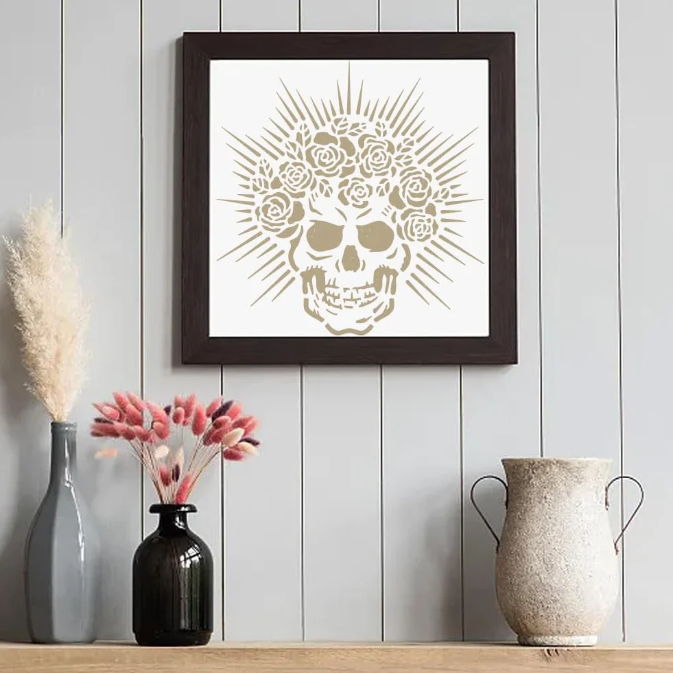 NBEADS Stencil per Pittura con Teschio, Stencil Riutilizzabili per Arte e Artigianato Fai-Da-Te Da 30x30cm, Modello di Pittura Scavata per Dipingere su Pareti di Legno, Tessuto, Carta, Mobili In Tela