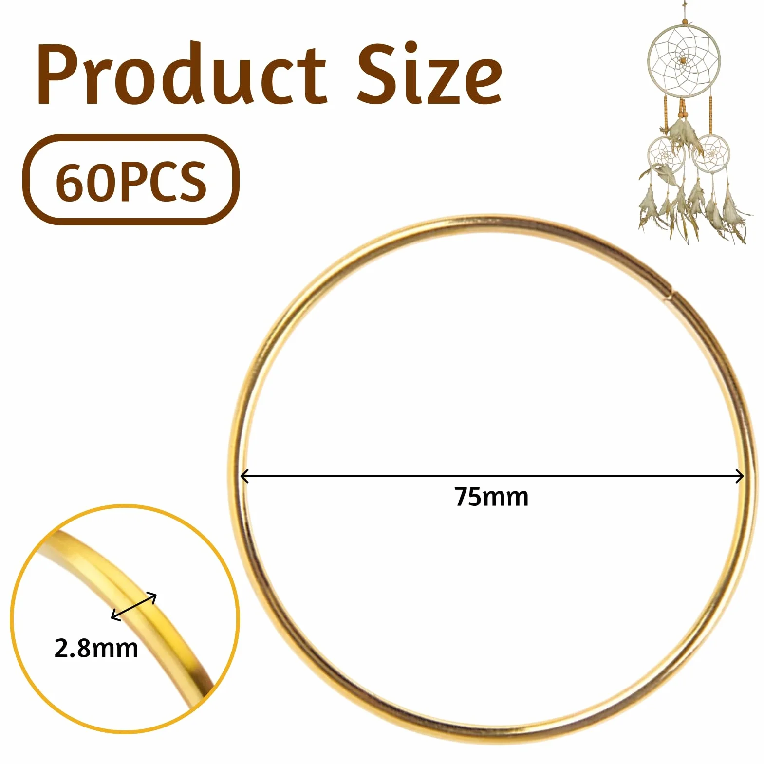 Flewdart 60pcs anelli in metallo 7,5 cm, cerchi metallo oro per artigianato floreale, macramè, acchiappasogni