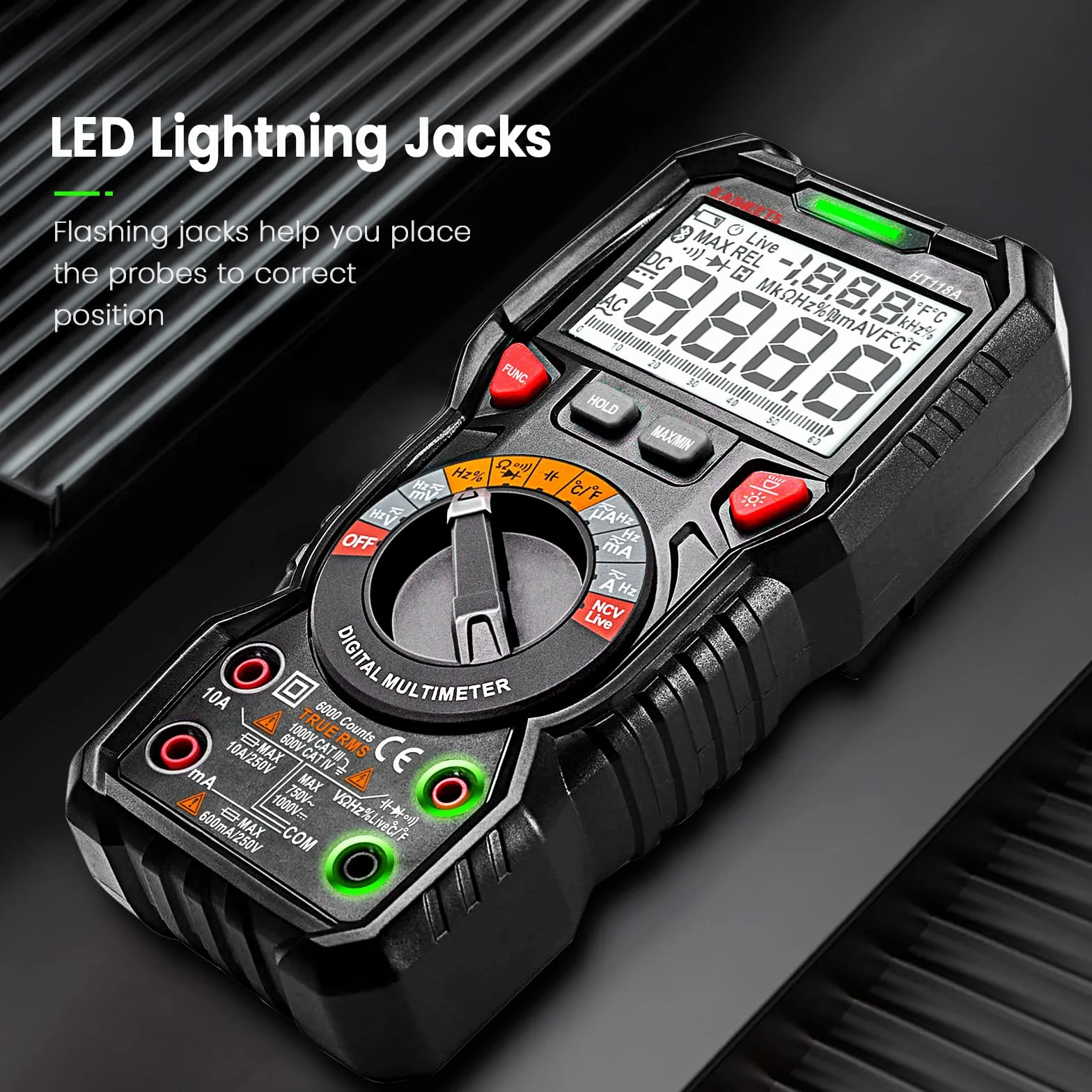Multimetro digitale professionale automatico, TRMS 6000 Conti (prompt jack LED), Tester Elettrico, Tensione / Corrente / Resistenza / Capacità / Temperatura / Frequenza - KAIWEETS