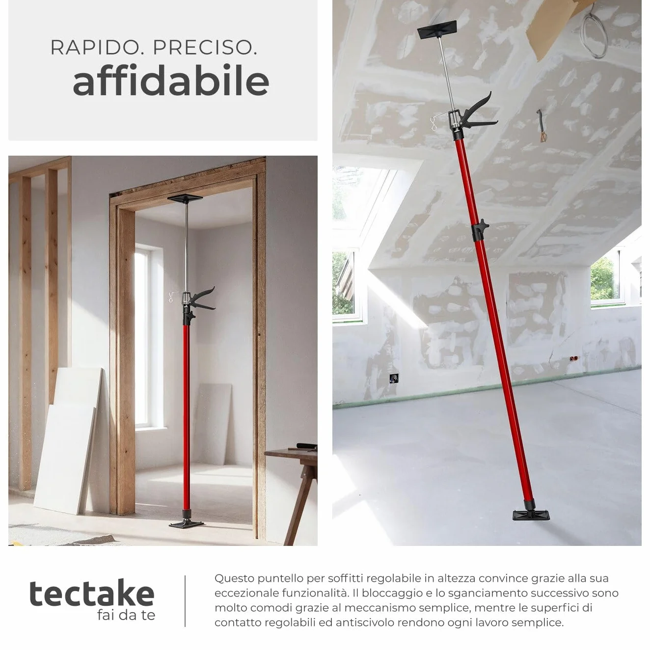 tectake® 2 Puntelli telescopici regolabili 20x8x115cm, Set 2 Pezzi Asta Telescopica fino a 290 cm, Portata 30 kg cad., Piastra di supporto antiscivolo, Supporto Solai, Cartongesso, Edilizia - Rosso