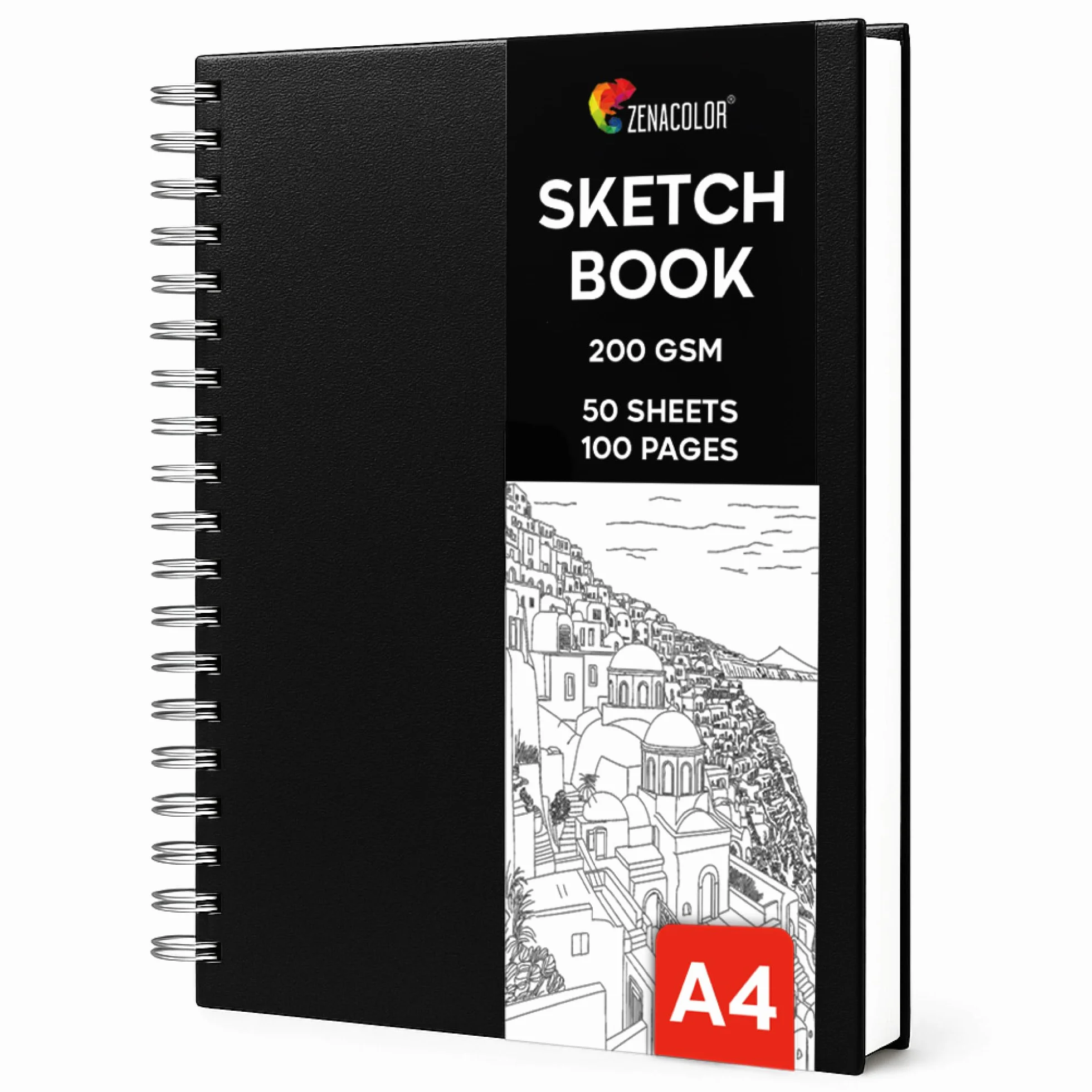 Zenacolor Sketchbook A4 Copertina Rigida 200 g/m² 50 fogli Album da Disegno a Spirale