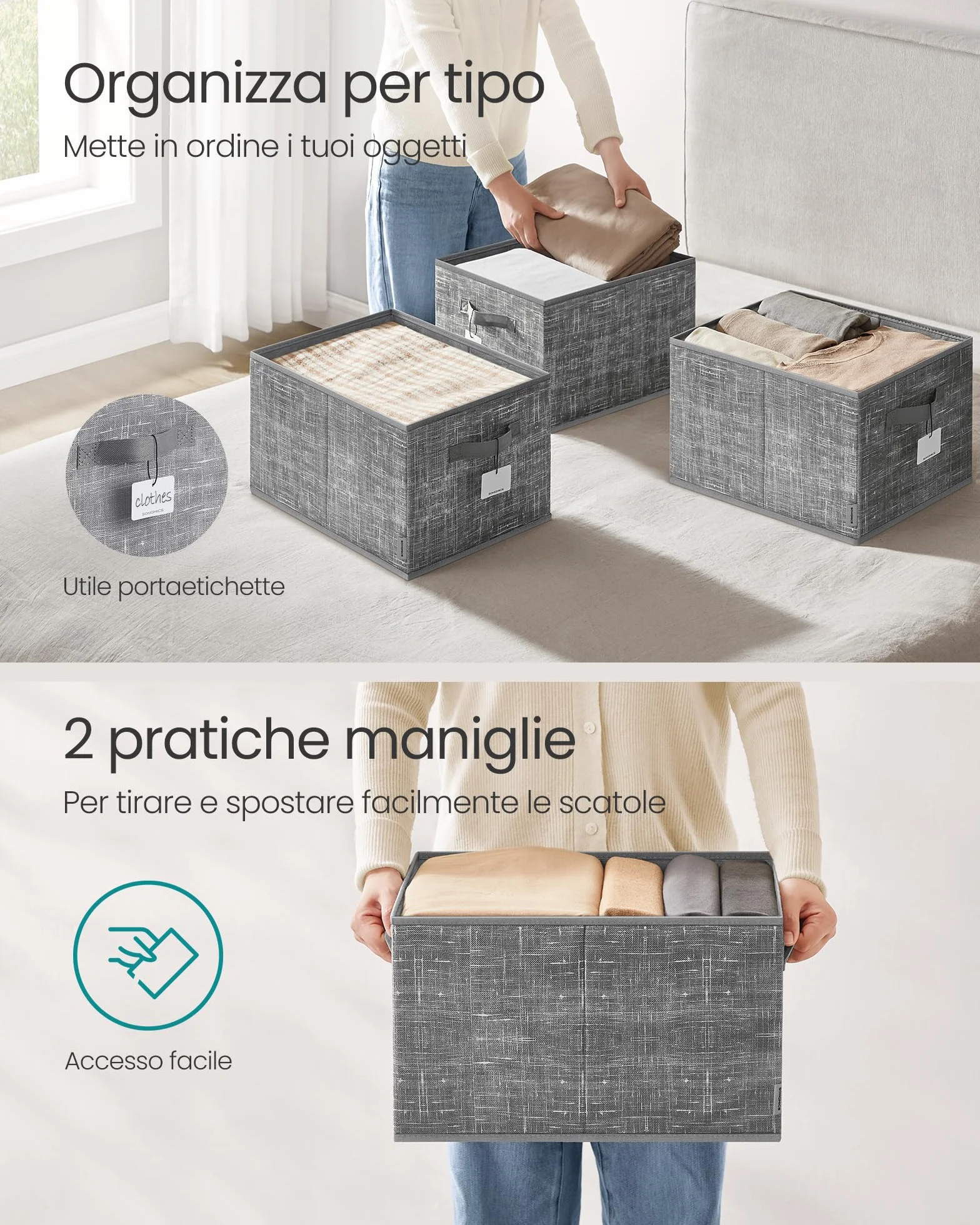 SONGMICS Scatole Portaoggetti Pieghevoli Set di 3 40 x 30 x 24 cm Organizzatori per Armadio Grigio Giunco