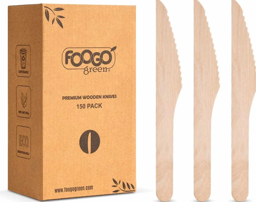 FOOGO Green Set di Coltelli Monouso in Legno e Bambù FSC 16 cm Compostabili Biodegradabili