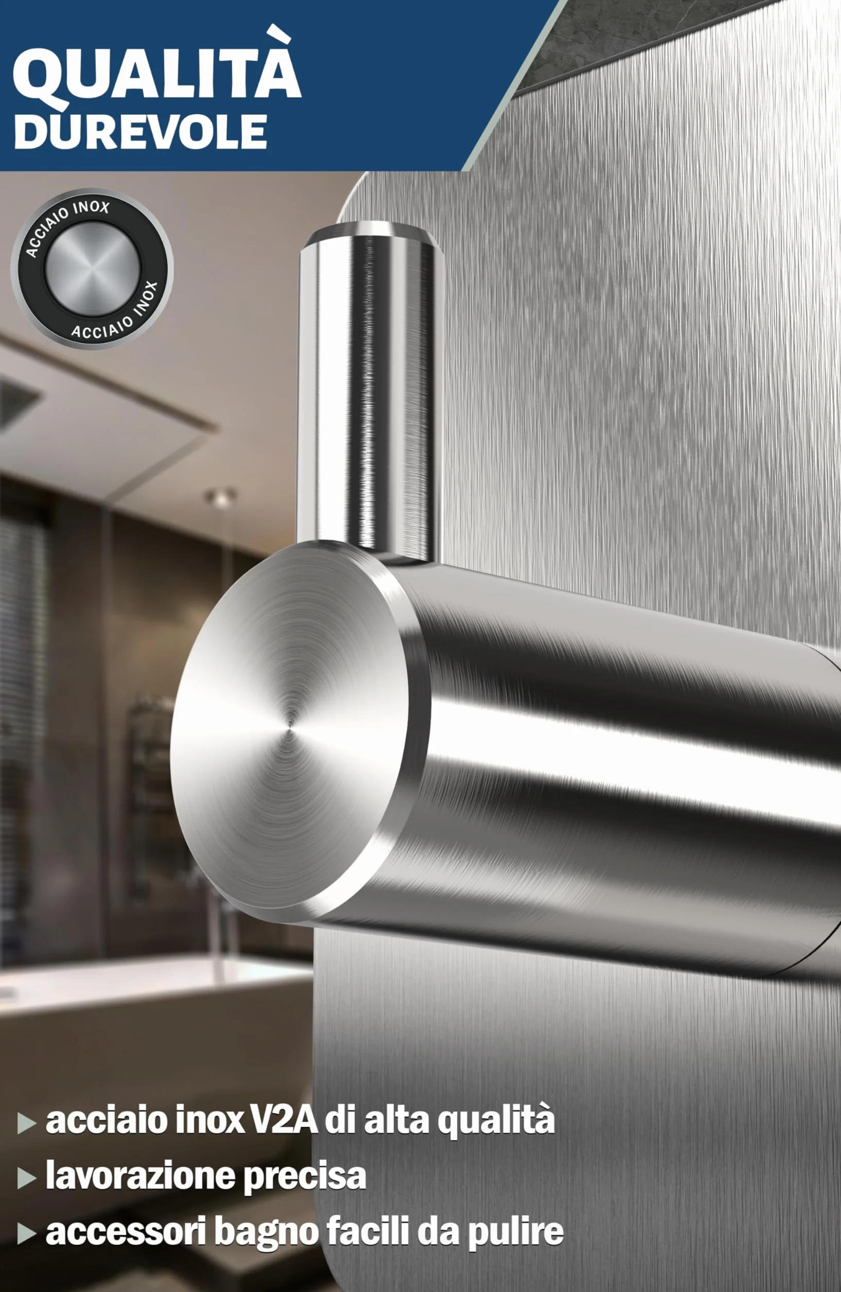 Menz Ganci Adesivi Bagno Set di 4 - Adesivi Acciaio Inox Impermeabili per Cucina e Pareti Argento