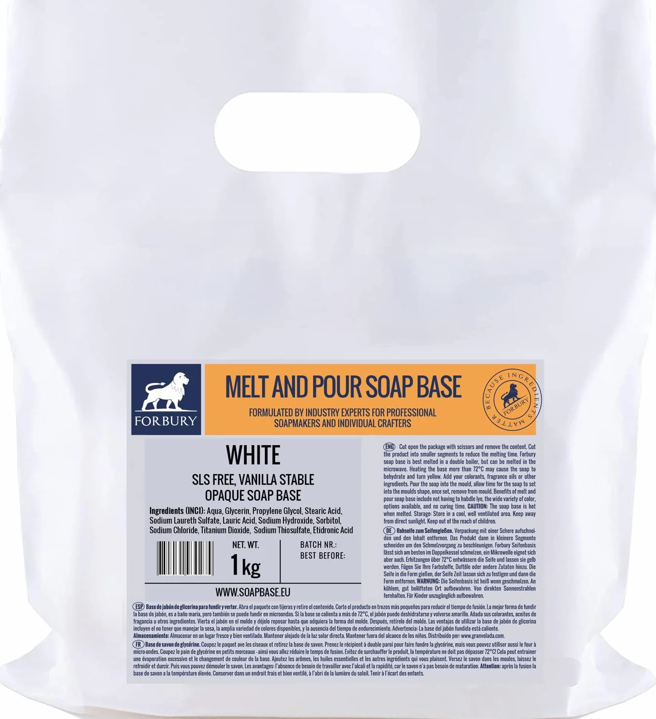 1kg Base per sapone di glicerina, Bianco senza SLS, Base per Saponette, Melt and Pour (Sciogli e versa), White Opaque Forbury