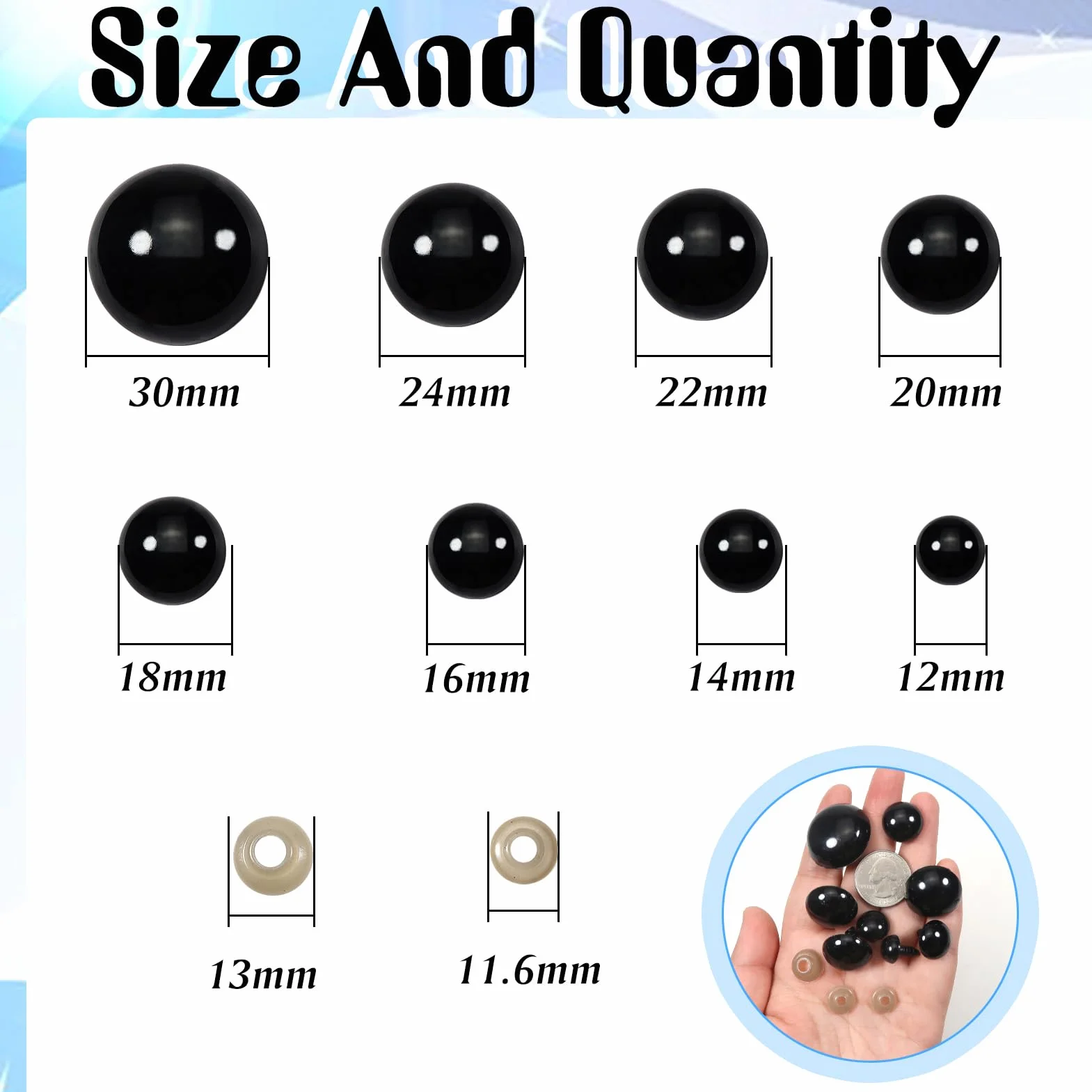 TOAOB 150 Pezzi Occhi di Sicurezza per Amigurumis 12mm a 30mm Grandi Nero Occhi Plastica Occhietti con 150 Pezzi Rondelle per Bambole Pupazzi Fai da Te all'Uncinetto e Animali di Peluche
