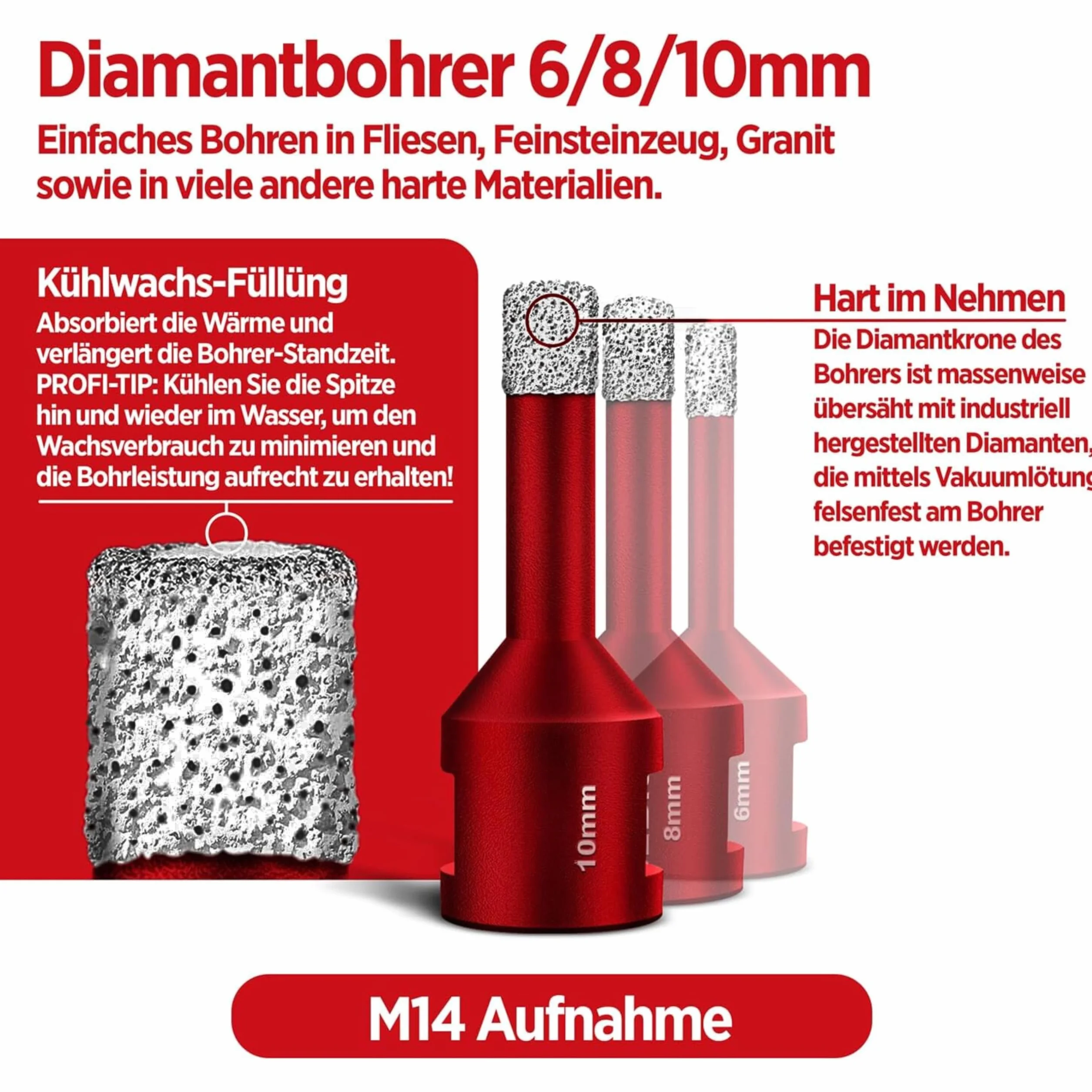 Set di punte per piastrelle 3 pezzi Ø 6, 8, 10 mm M14 Premium – Punte diamantate per piastrelle dure e gres porcellanato – Perfezione in qualità industriale per risultati professionali