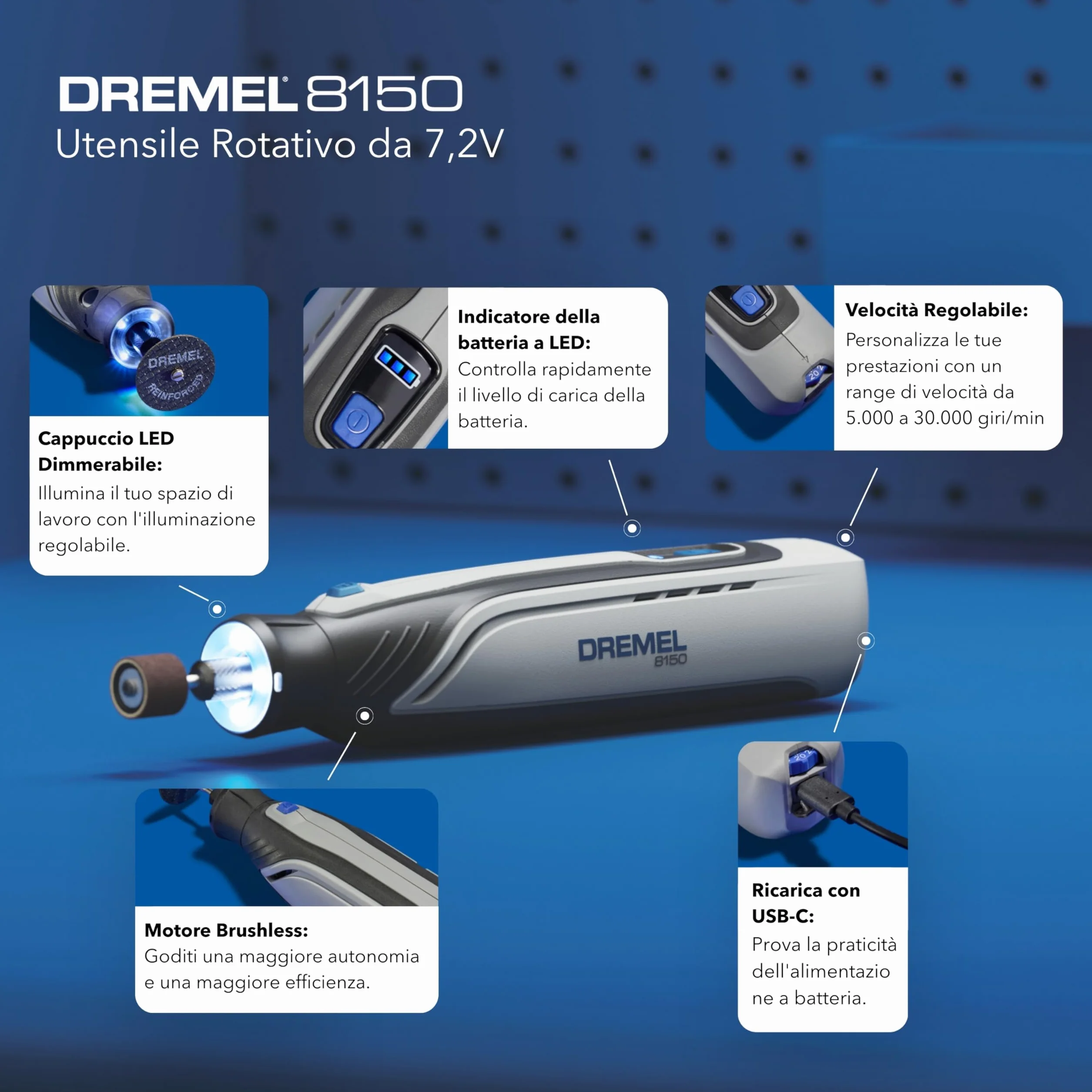 Dremel 8150 Kit utensile rotativo brushless a batteria 7,2 V 2Ah USB-C, 20 accessori, velocità variabile 5.000-30.000 giri/min