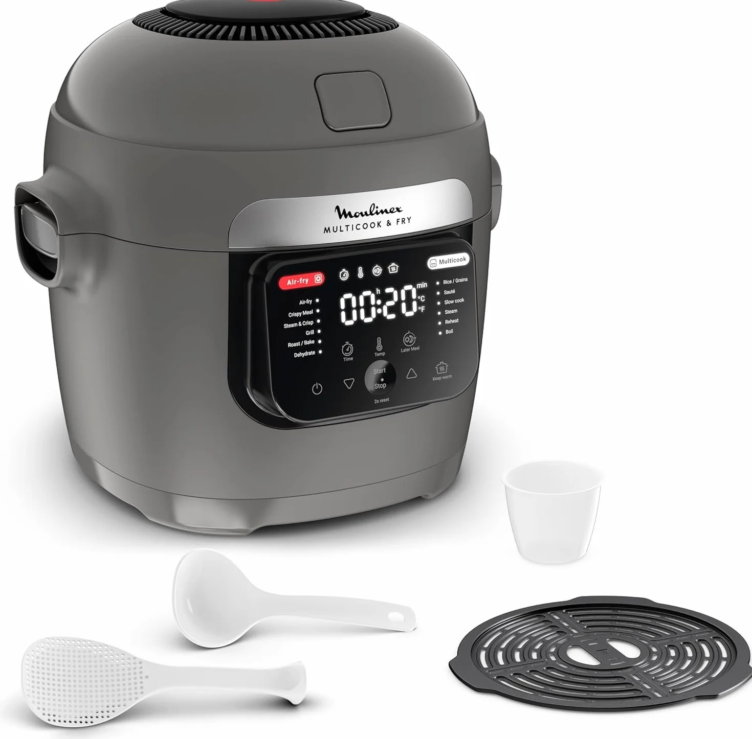 Moulinex Multicook & Fry MZ730BF0 Multicooker e friggitrice ad aria integrata, con 12 programmi, cottura su 2 piani, funzione di programmazione, capacità da 6 l, grigio (gris hippo)