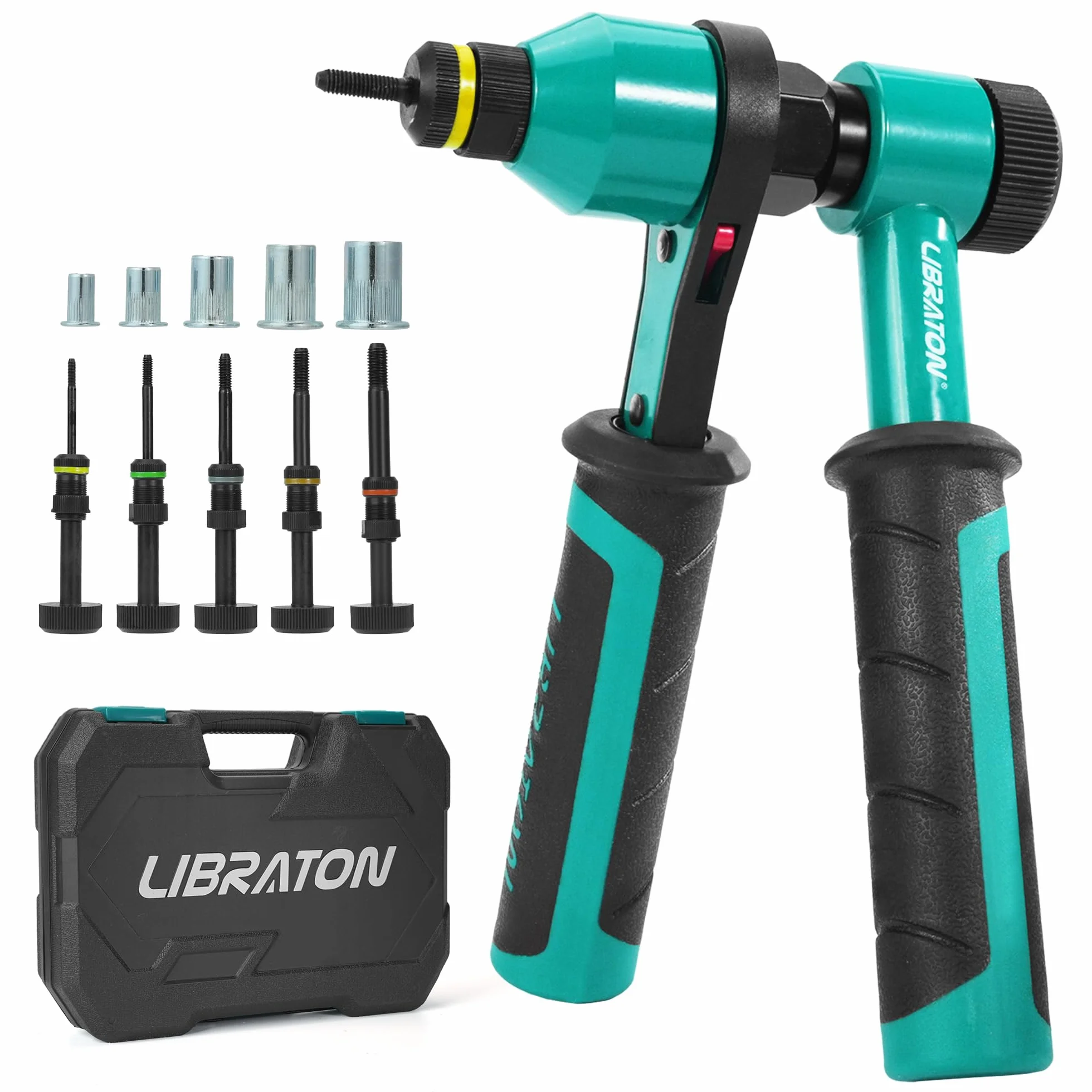LIBRATON Rivettatrice per Inserti Filettati, Rivettatrice Manuale Inserti Filettati, Rivettatrice Filettati a Cricchetto, Filetti Pinza con 5 Mandrini Metrici, 5 Ugelli, 50 Rivetti Dadi, Scatola
