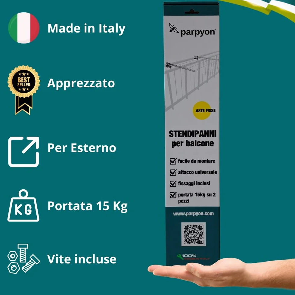 parpyon® Bracci Stendibiancheria da balcone esterno, Stendibiancheria da parete o ringhiera in ferro per filo per stendere il bucato prodotto 100% Italiano (Fisso c/piastra, Grigio scuro)