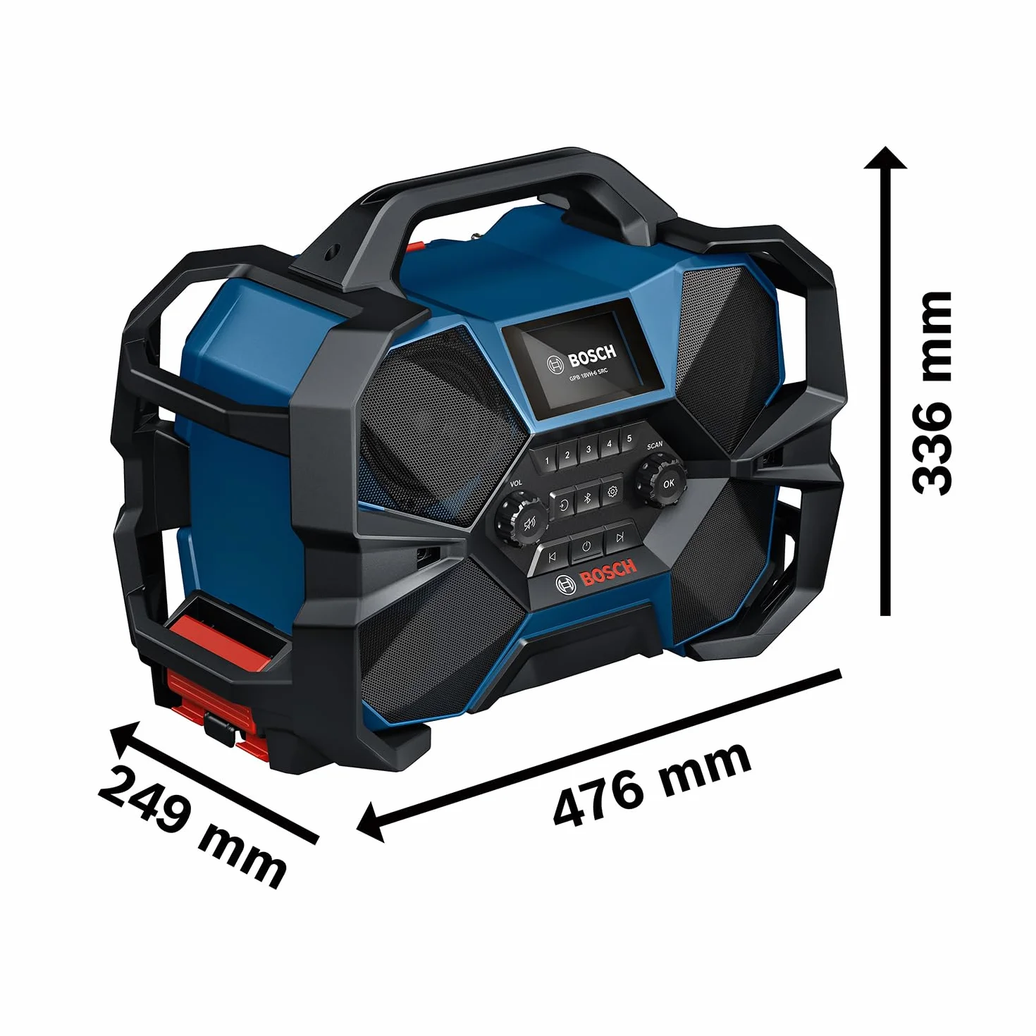 Bosch Professional Radio a batteria GPB 18VH-6 SRC 18V/12V System (ricarica integrata per 18 V e 12 V, incl. apribottiglie, 2 batterie AAA, pellicola protettiva schermo, senza batteria/caricabatteria)