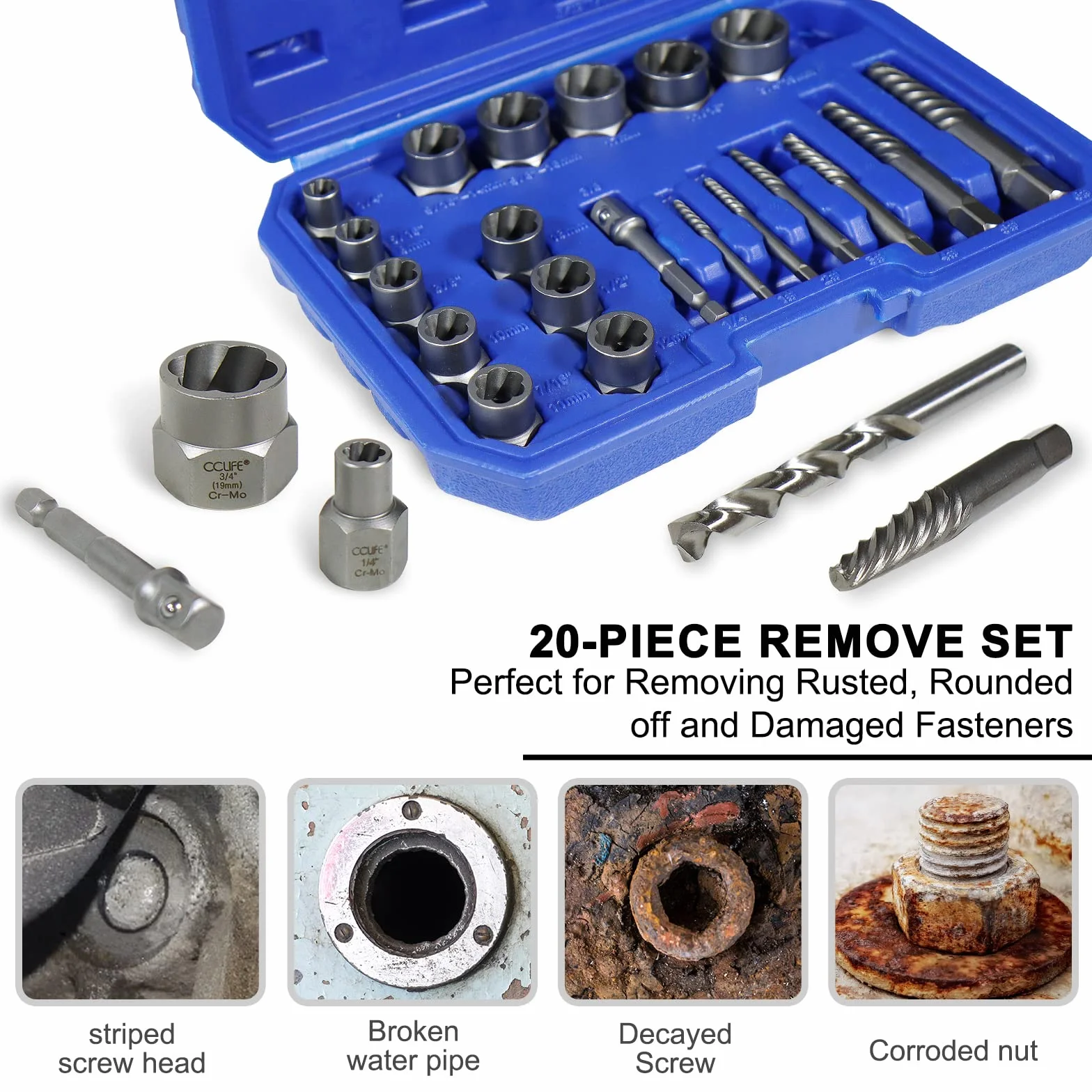 CCLIFE 26pcs Estrattori di bulloni antifurto a bussola Estrattore di dadi danneggiati Materiale Cr-Mo 8-19mm