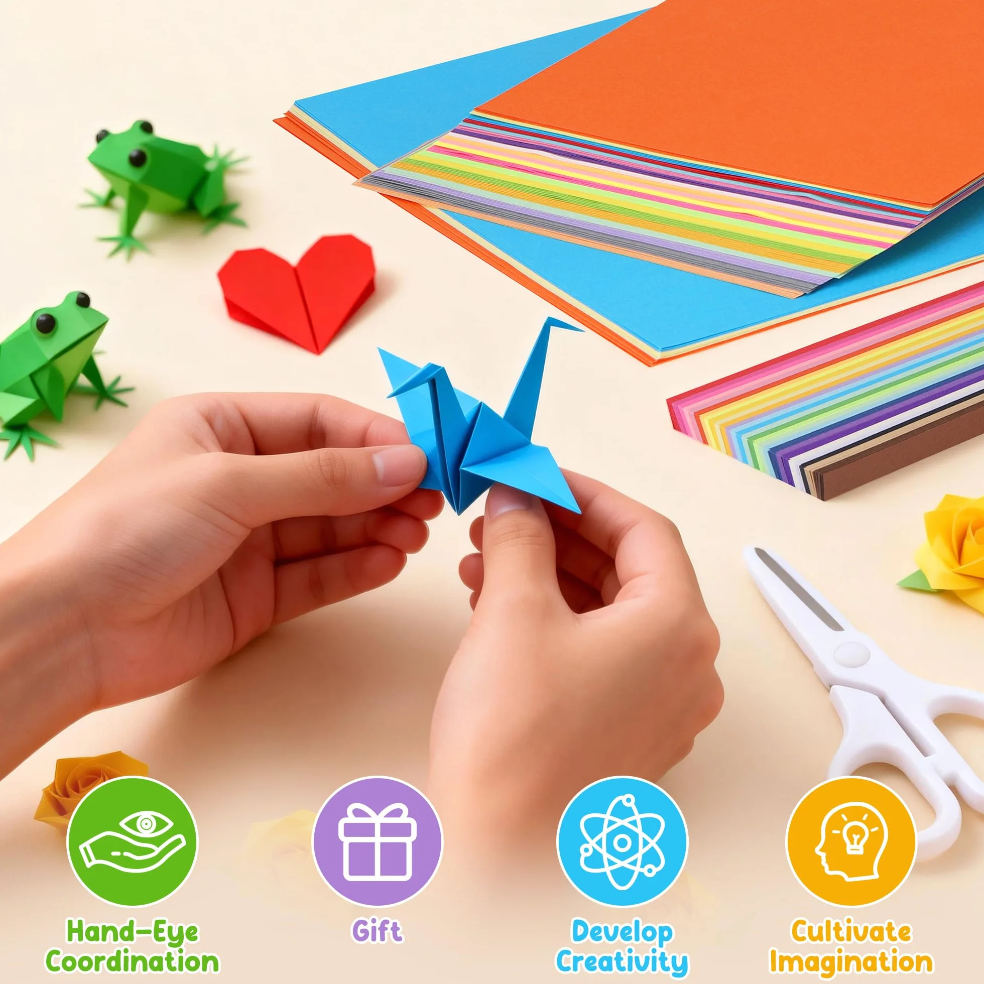 840 Fogli di Carta Origami, 20 Colori, Cartoncini Colorati Bifacciale (Quadrato da 10 cm/15 cm/20 cm + Striscia), Carta Artigianale Pieghevole per Origami Fai Da Te e Progetti Artistici Scuol