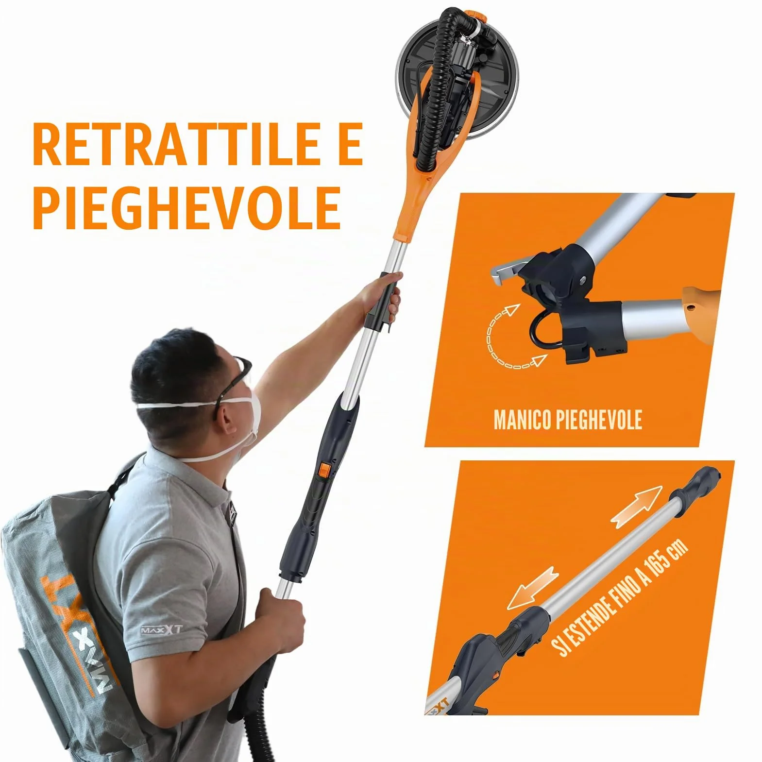MAXXT Levigatrice per cartongesso Pieghevole 820W 225mm Con aspirazione polvere LED