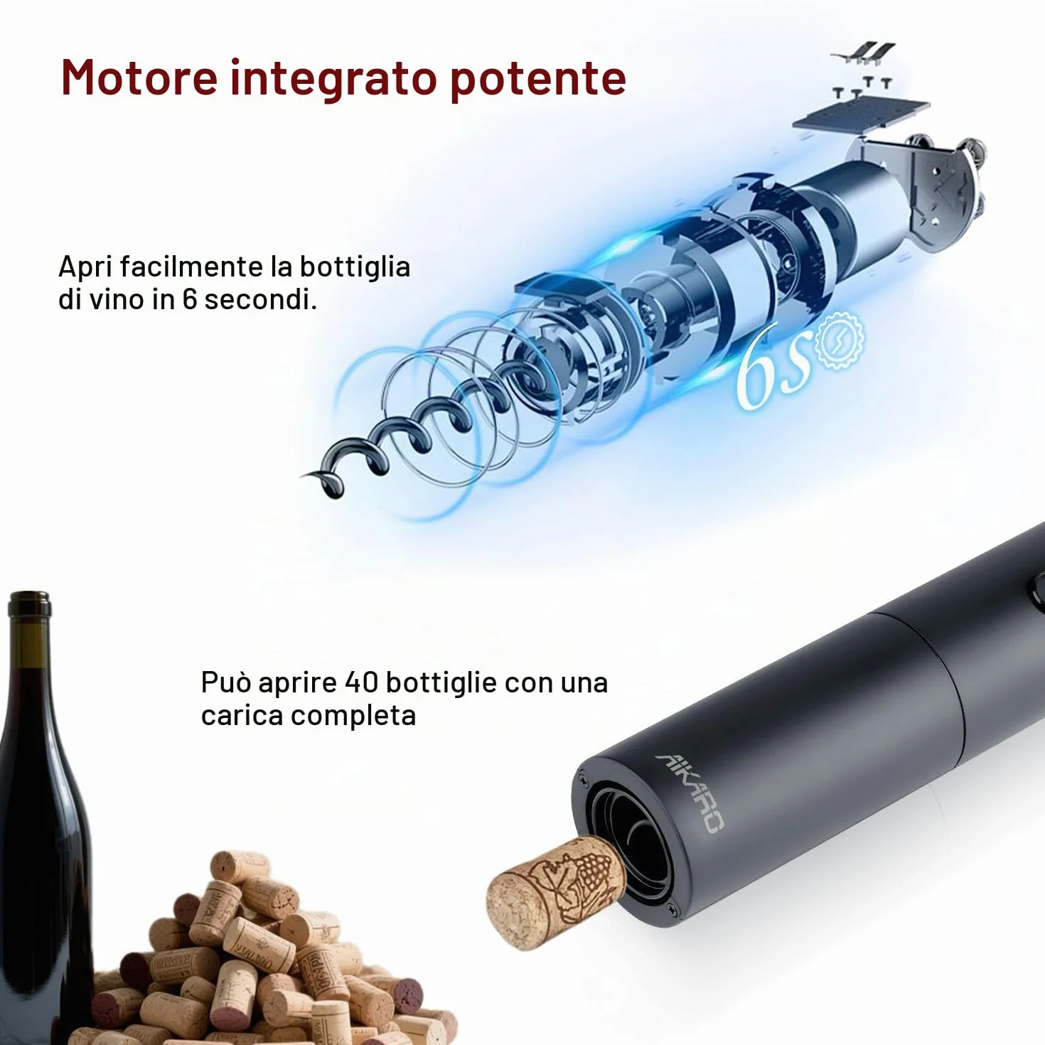 AIKARO - Cavatappi Elettrico Apribottiglie Elettronica Automatico per Vino, Ricaricabile (Set C)