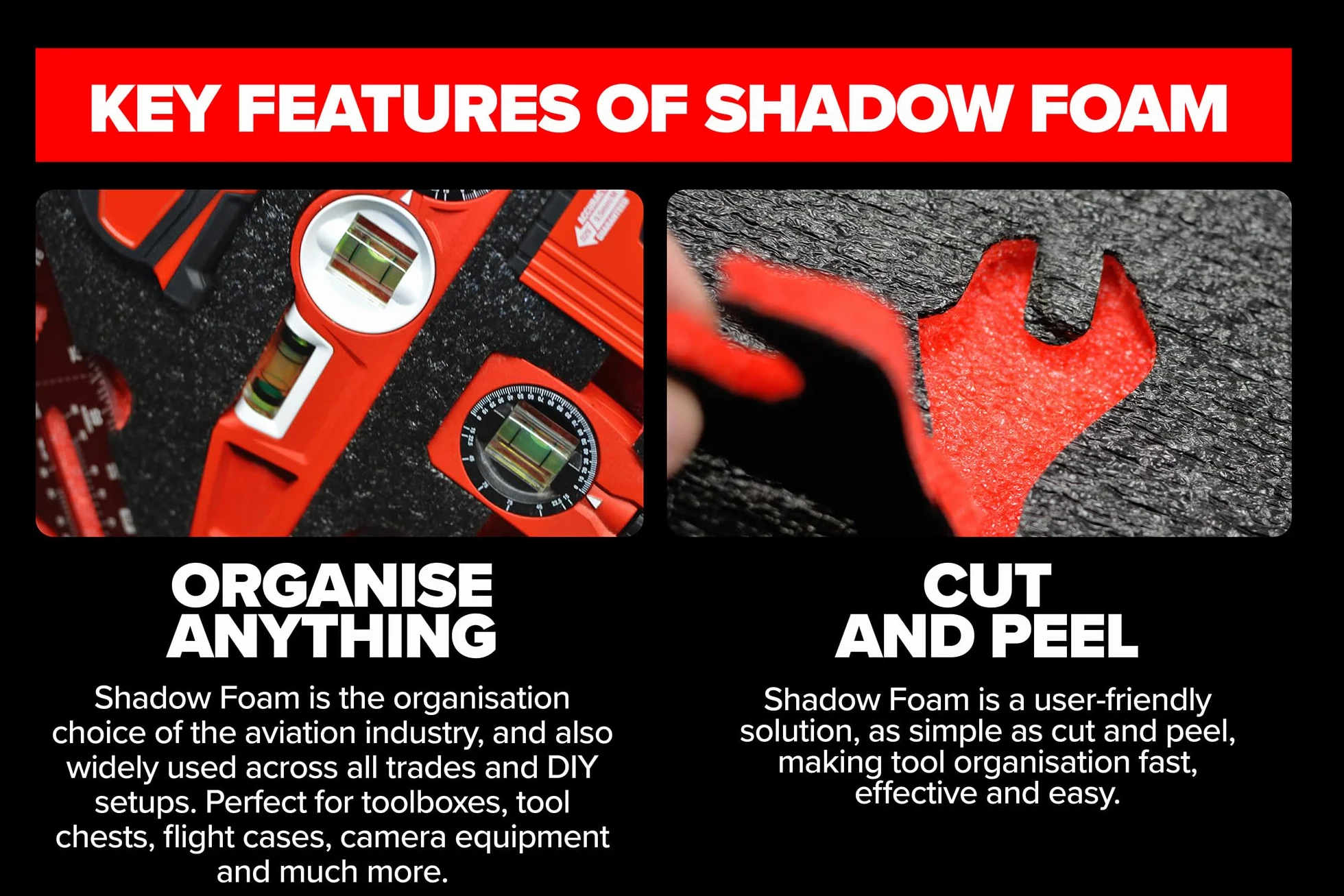 Shadow Foam Pacchetto valore 600 mm x 420 mm schiuma personalizzabile per organizzare cassette degli attrezzi Confezione da cinque Profondità 30mm Nero su rosso