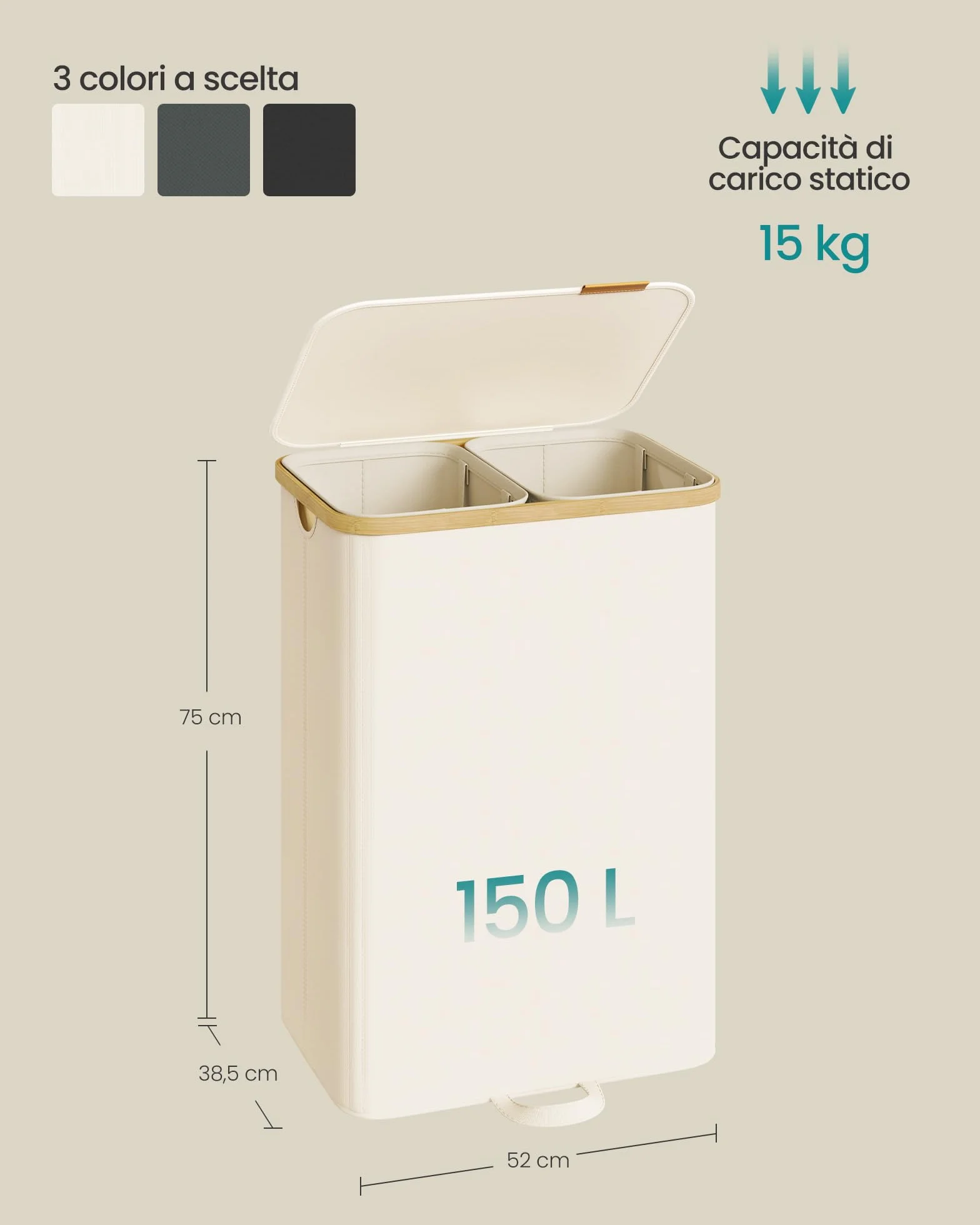 SONGMICS Cesto Portabiancheria con Coperchio, Cesta Porta Biancheria Sporca, Sacchi Interni Rimovibili, Telaio in Bambù, Lavanderia Camera da Letto, 2 Scomparti, 150 L, Bianco Crema LCB532WD01