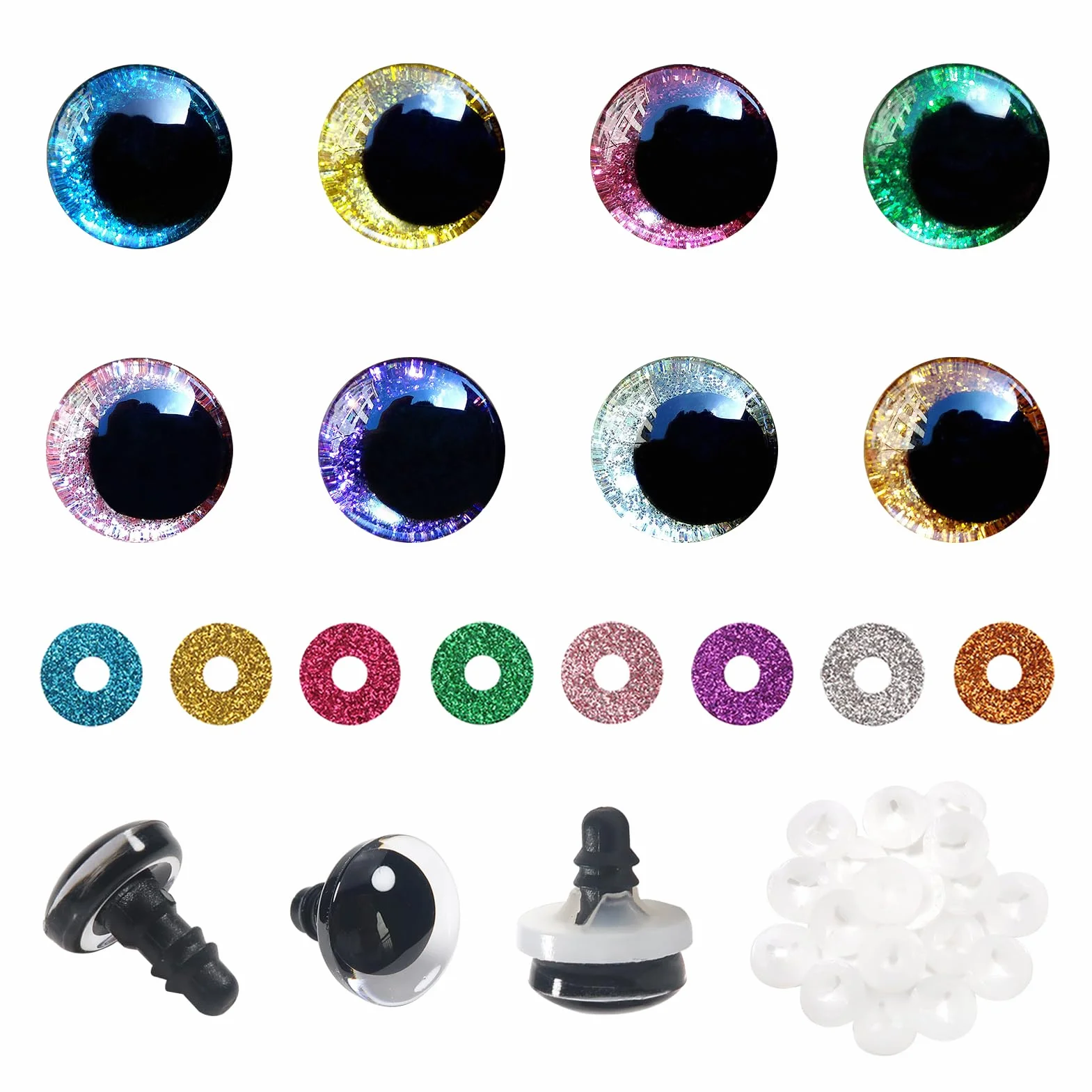 TOAOB 64 Pezzi Occhi di Sicurezza per Amigurumis 12 mm Colorati Glitter Occhi in Plastica con Rondelle per Bambole Animali Peluche