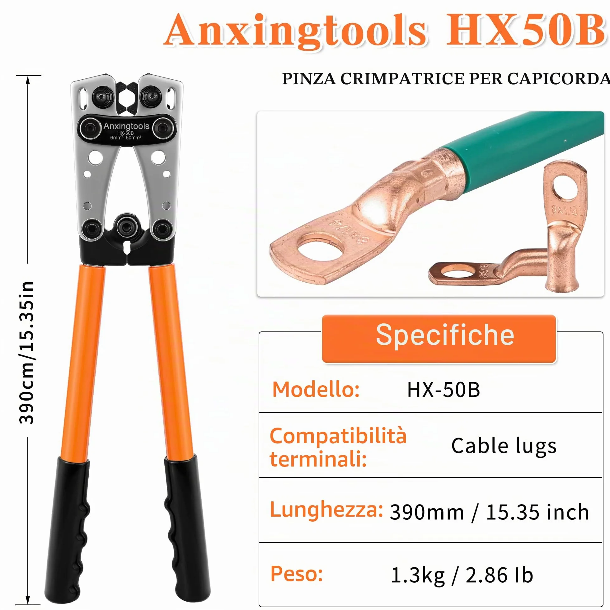 Strumento di crimpatura del cavo della batteria per terminali ad anello in rame della batteria da 6/10/16/25/35/50 mm², capicorda in rame, piegatore resistente per capicorda (HX50B Crimper)