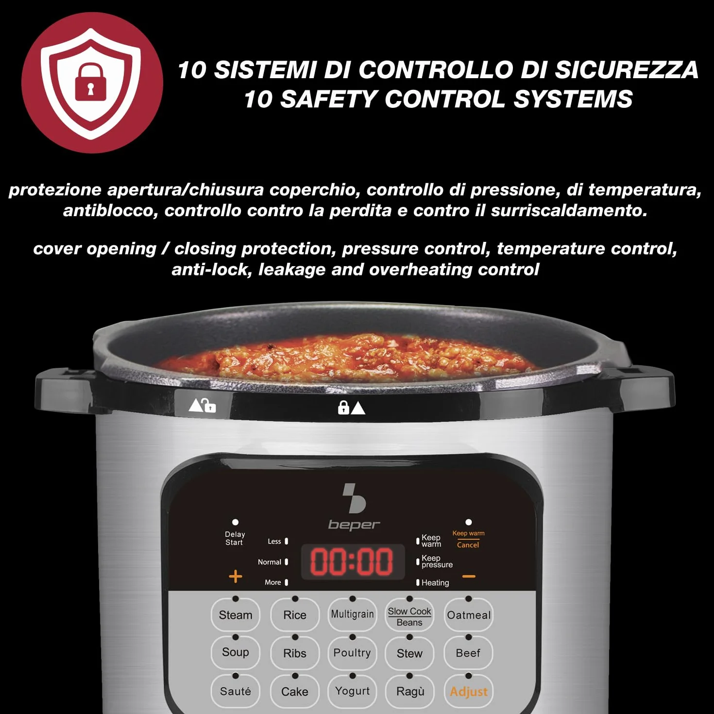 BEPER P101COS002 Pentola Multicooker a Pressione 6 Litri,15 Programmi di Cottura, Slow Cooker, Timer 24h, 3 Livelli di Pressione, Funzione Mantenimento Caldo, 10 Sistemi di Sicurezza,1000W