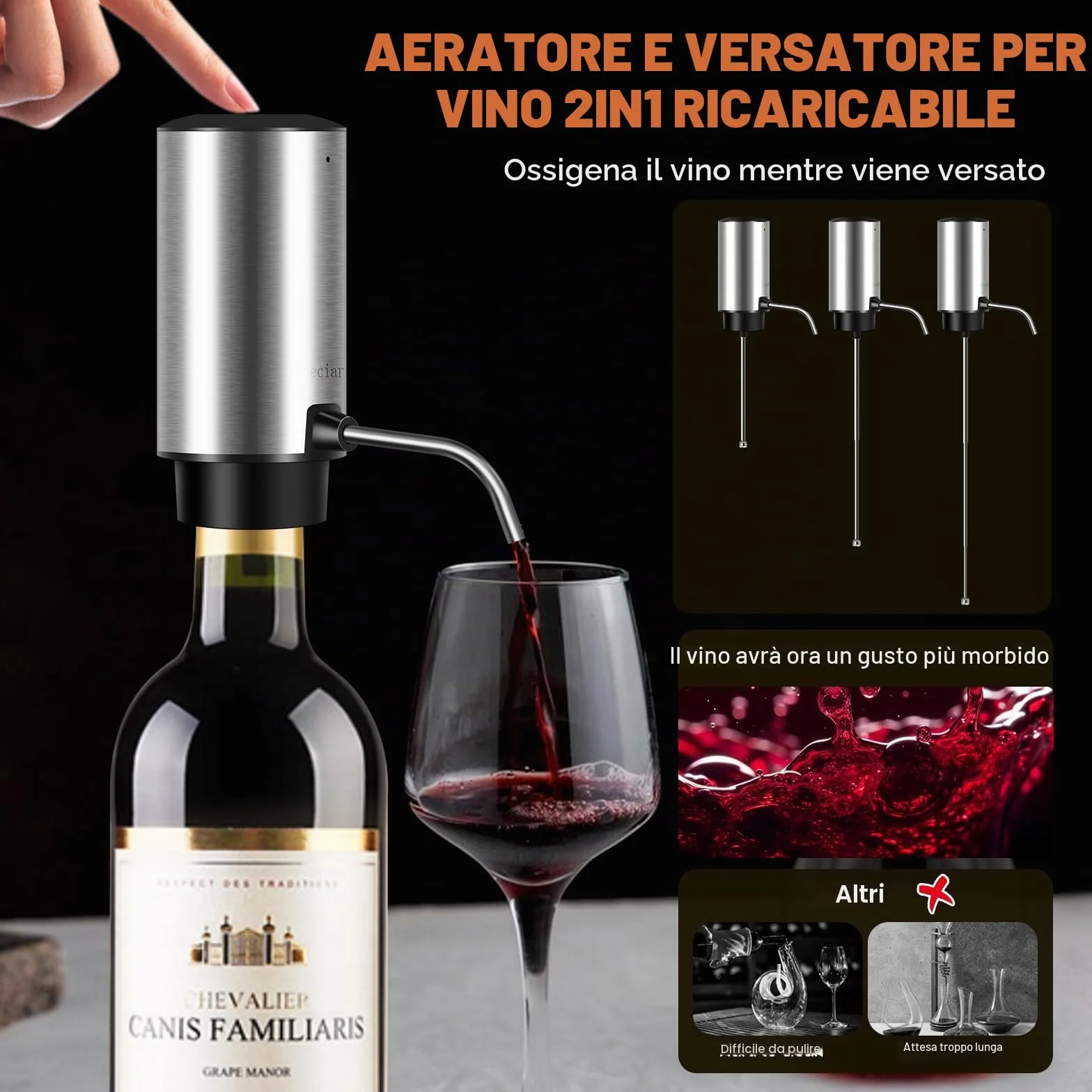 Cavatappi Professionale Elettrico per Vino, Apribottiglie Elettrici 4 in 1 Set con Apribottiglie Ricaricabile, Versatore Automatico per Vino, Taglierina per Lamine, Tappi Sottovuoto