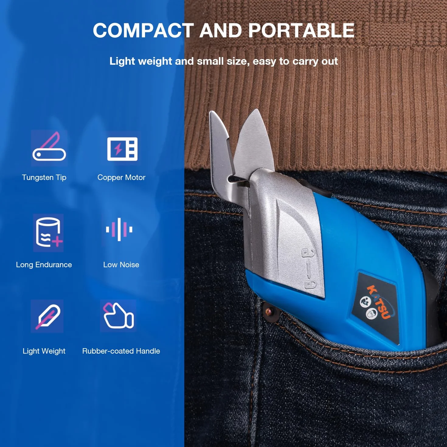 KATSU Tools Forbici Elettriche Cutter per Tessuti 3,6V Ricaricabile con 2 Teste da Taglio in Lega di Acciaio Forbici a Batteria per Tessuto Carta Cartone Pelle Panno