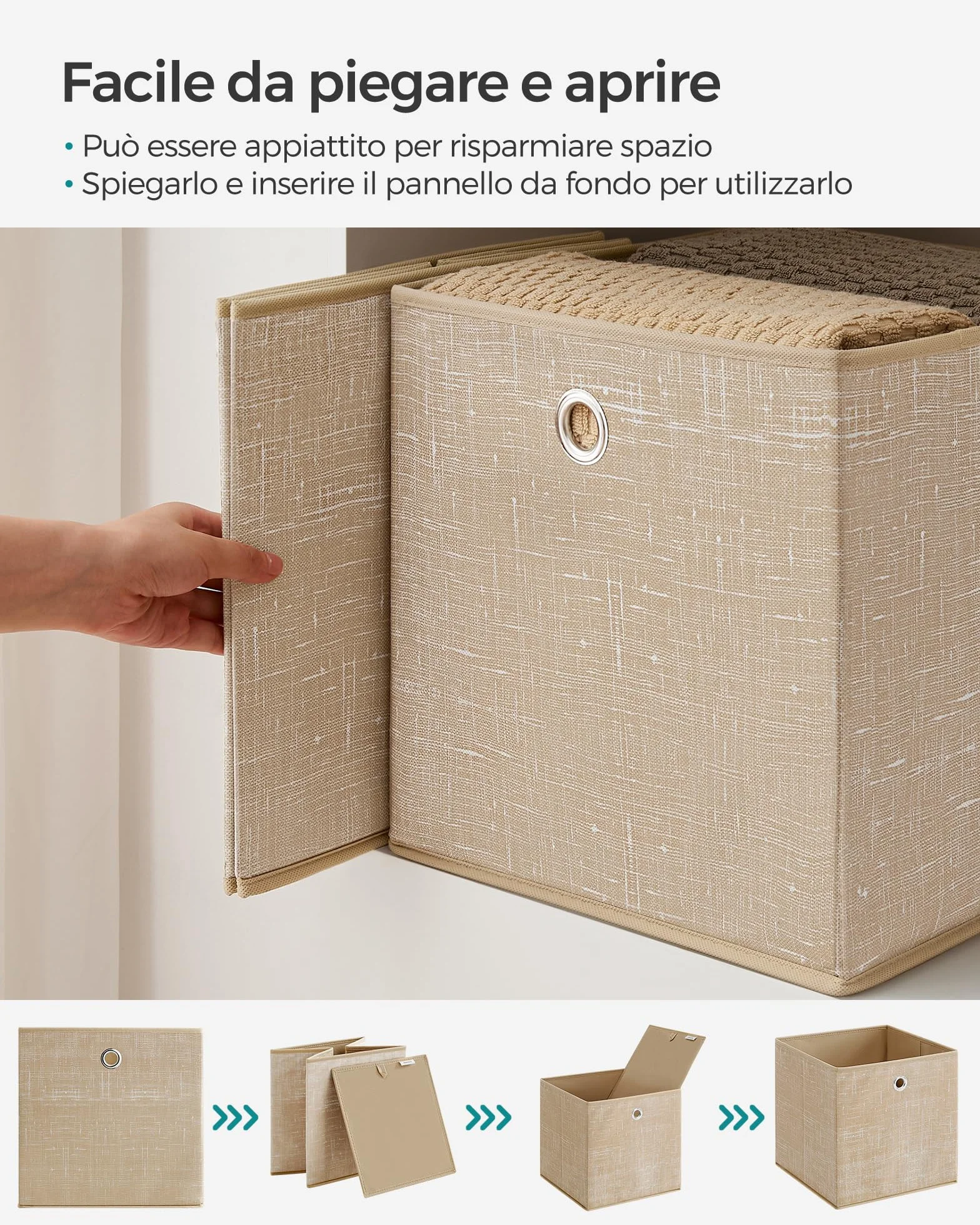 SONGMICS Scatole Portaoggetti Set di 6 Contenitori in Tessuto Non Tessuto 30x30x30 cm Pieghevoli Beige Sabbia