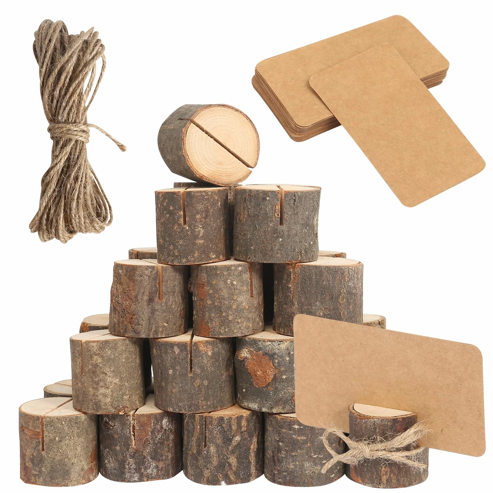 DELAESI 30 Pezzi Segnaposto in Legno Rustico Segnaposto da Tavolo in Legno Segnaposto con 30 Carte e 10m Corda Iuta Segnaposto Matrimonio Carta Titolari Portafoto per Matrimoni Ristoranti Banchetti