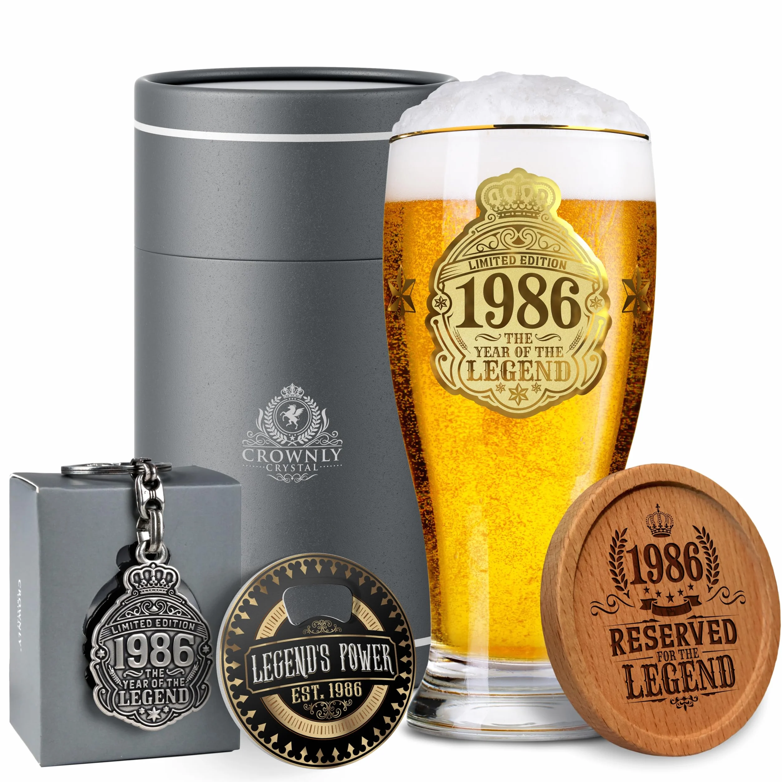 CROWNLY CRYSTAL® 1986 Regalo 40 Anni Bicchiere Birra 570 ml Personalizzato Uomo