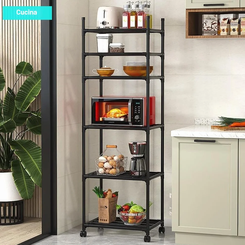 Scaffale a 6 ripiani alto e stretto, 42 x 32 x 165 cm, nero, con ruote e piedini antiscivolo, scaffalatura regolabile e rack portaoggetti per garage, bagno, cucina, angolo